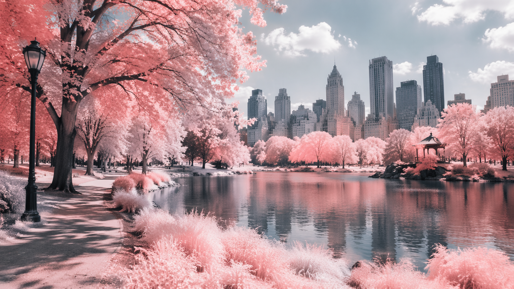 Dreamina Infrared Photo Filter podpowiedź przykład 2: Park miejski na podczerwień