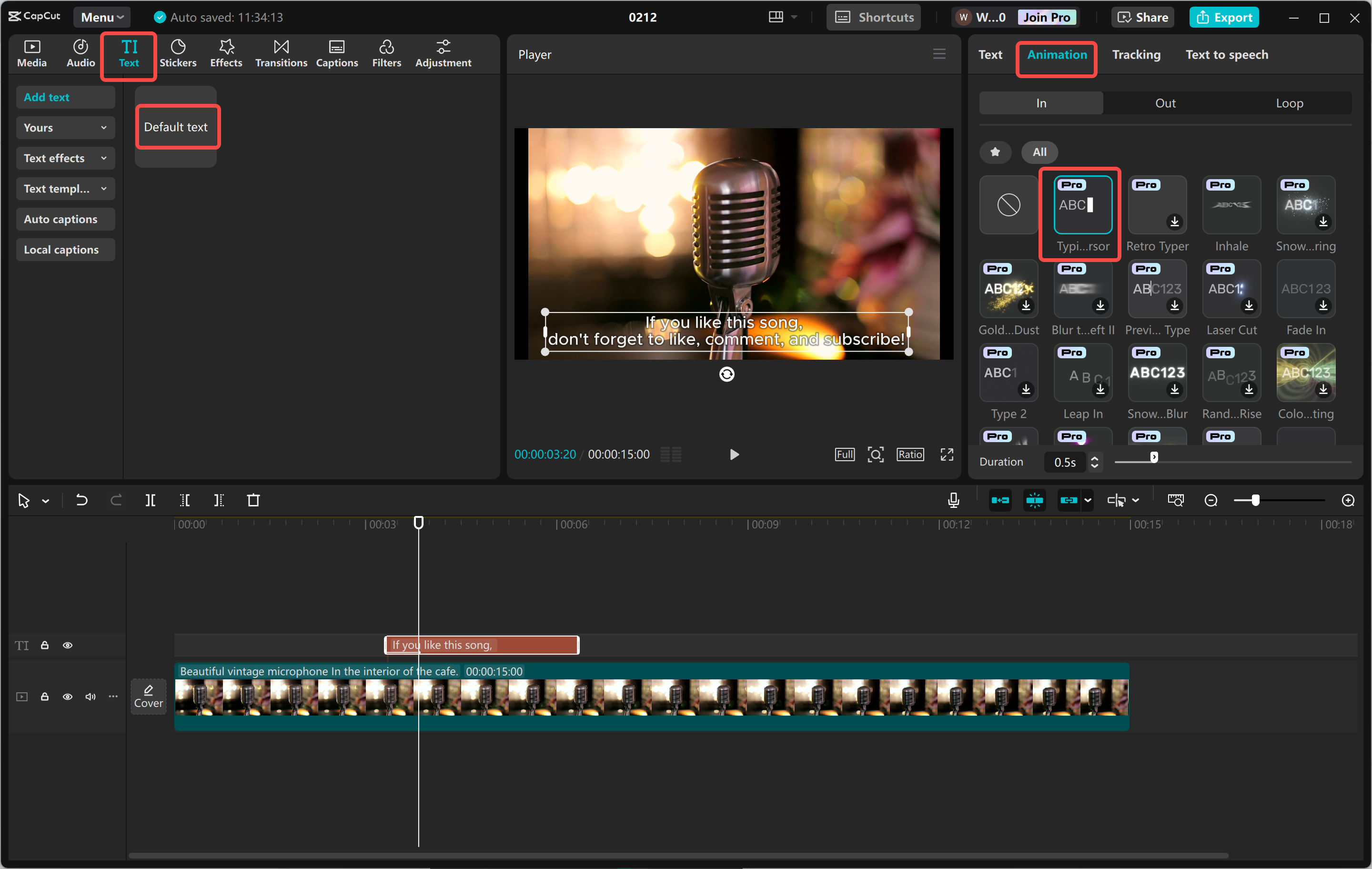 Applying the typewrite effect to text in the CapCut desktop video editor