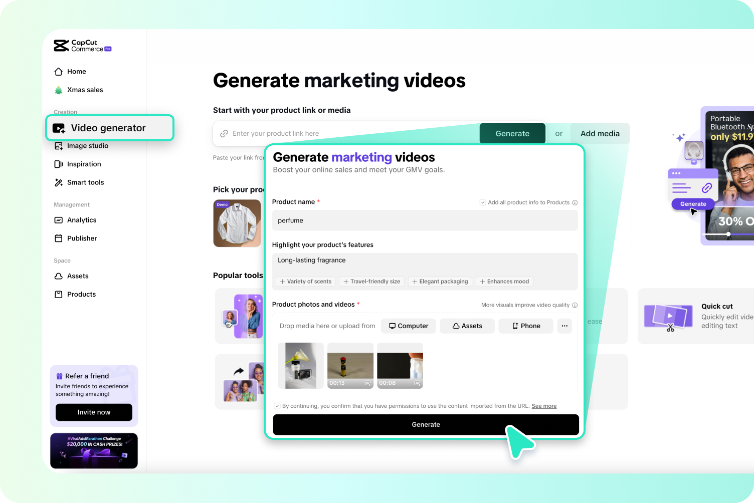 description=The Pippit interface showing the main dashboard with the "Video Generator" option highlighted on the left-side menu.