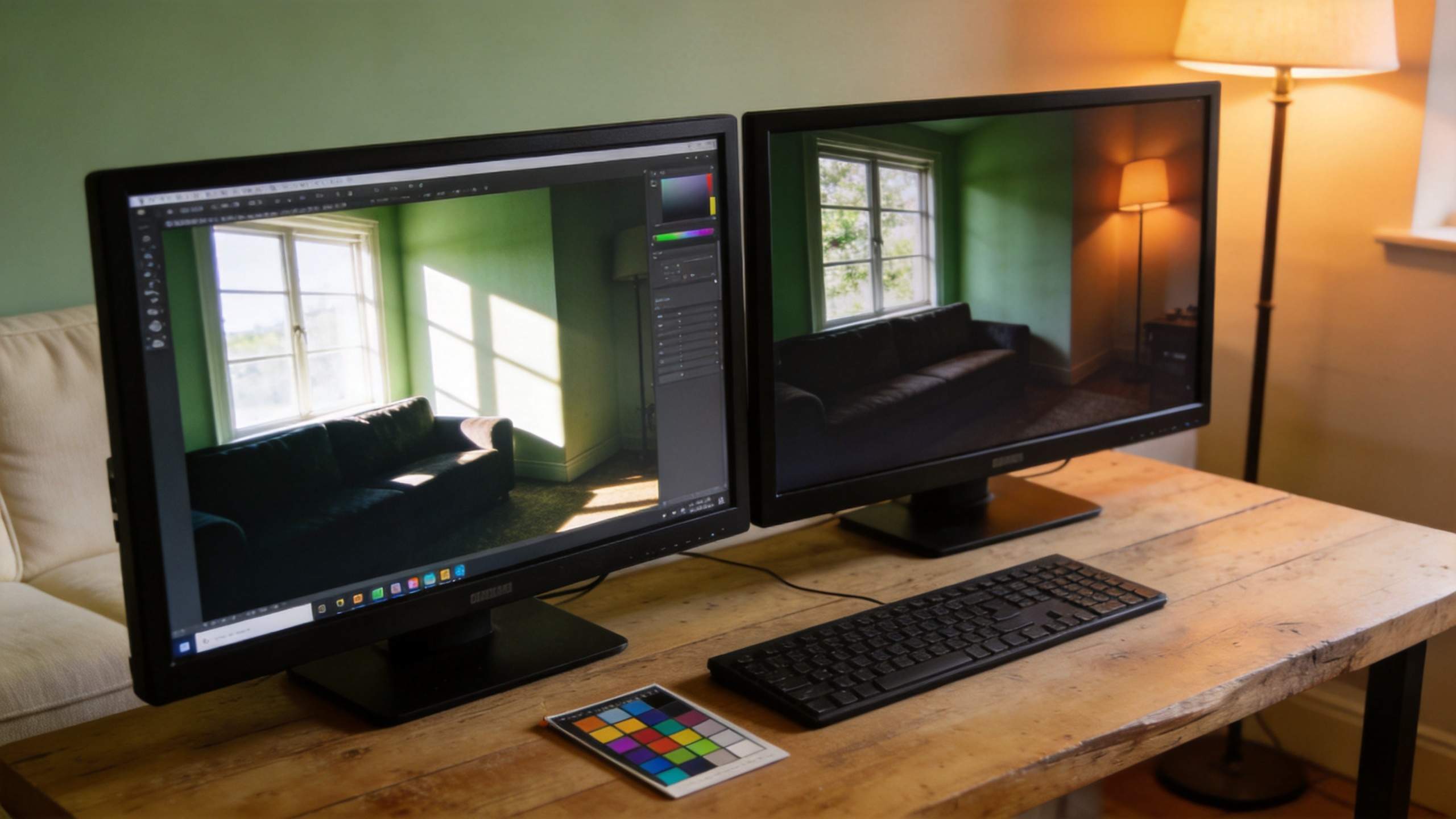 Dual monitors show a room photo being edited, with a color chart and keyboard on the desk