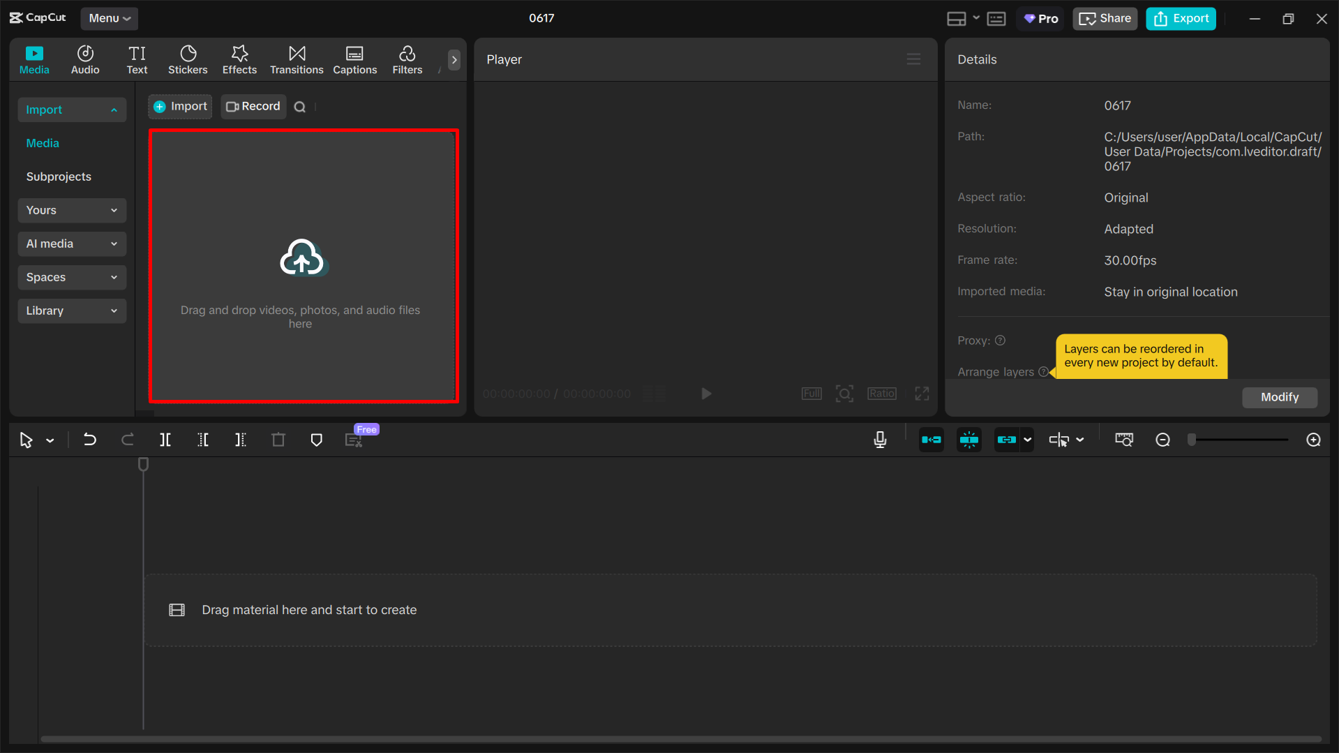 Importing the GIF to the CapCut desktop video editor