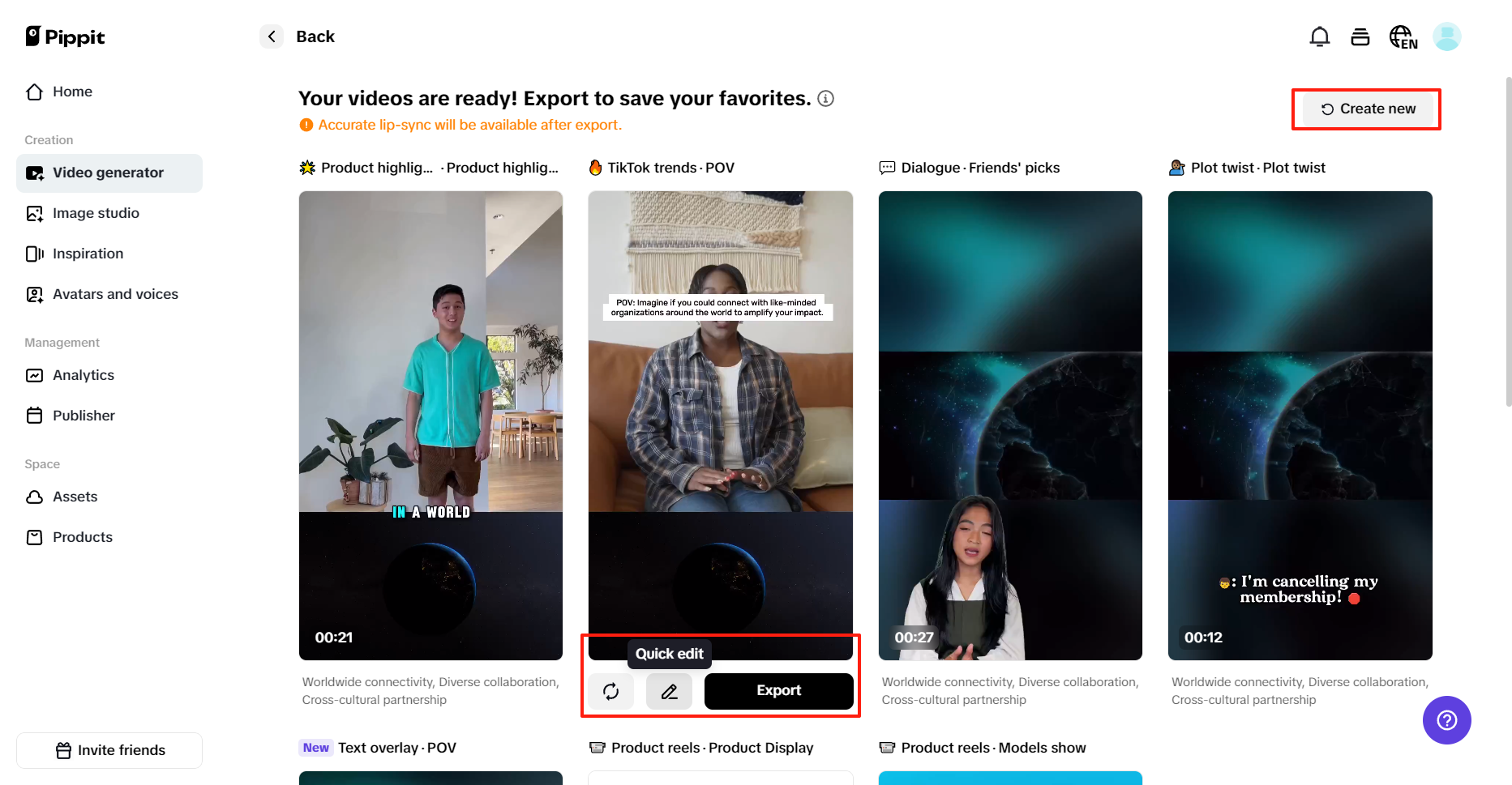 Preview-generated videos and click Quick edit