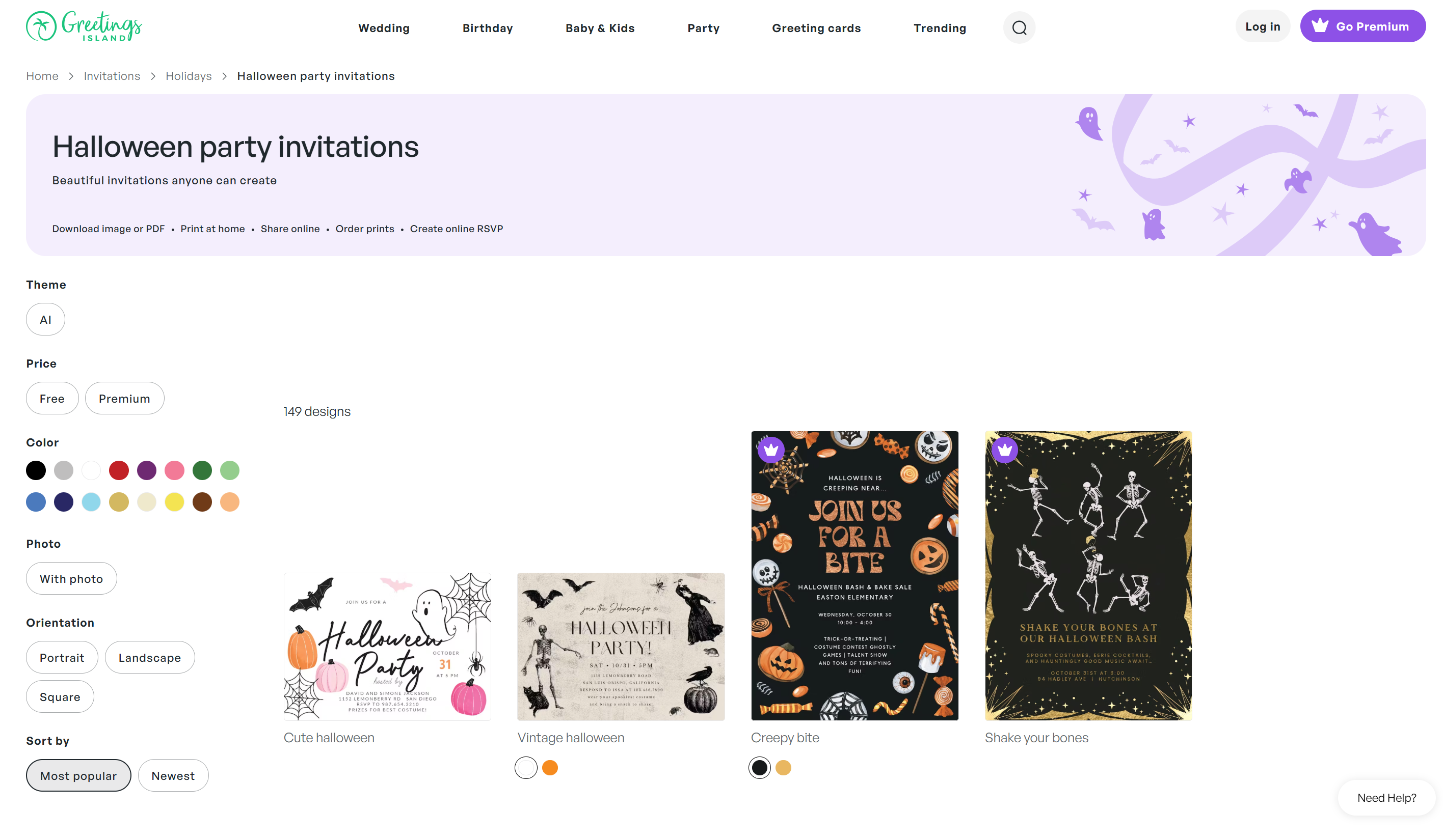 Interface of Gretting island - a resource for diverse Halloween invitation template