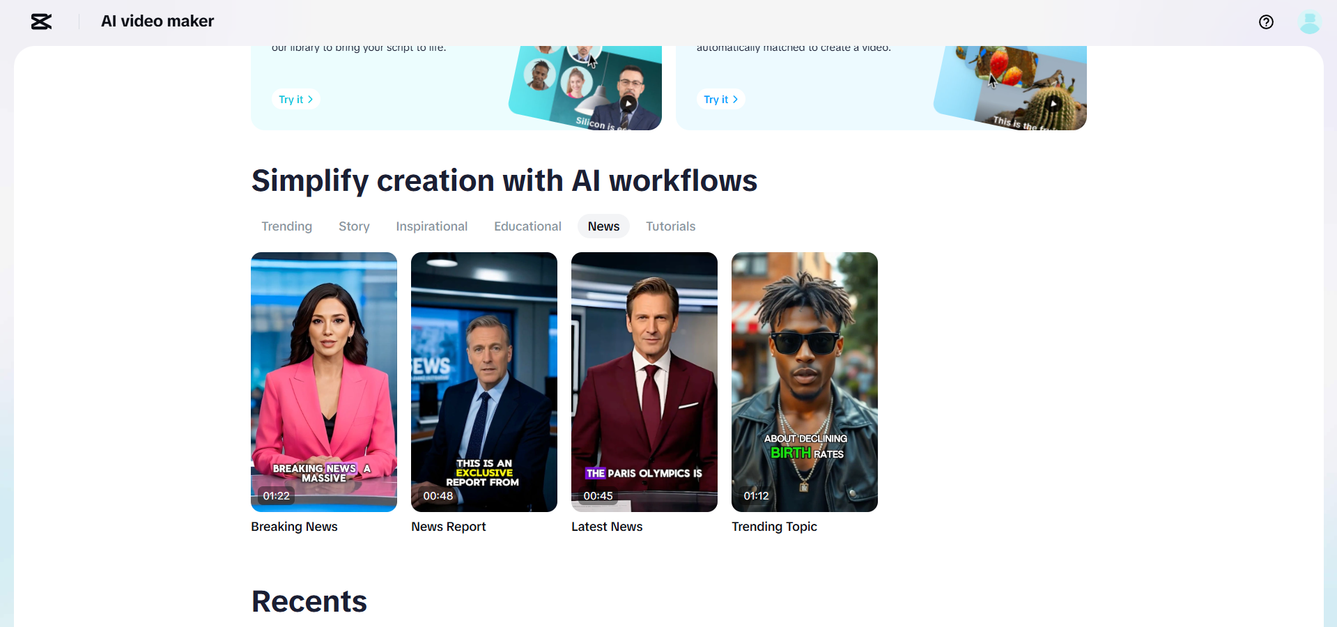 CapCut Web AI haber üretici arayüzü