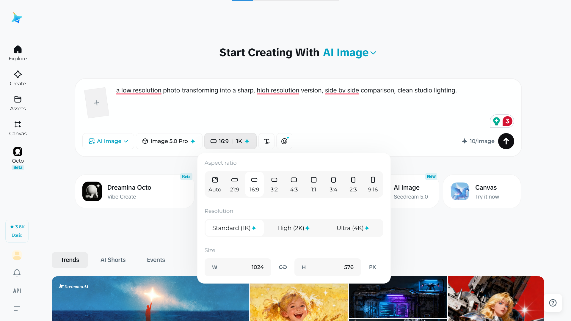 Dreamina image settings panel