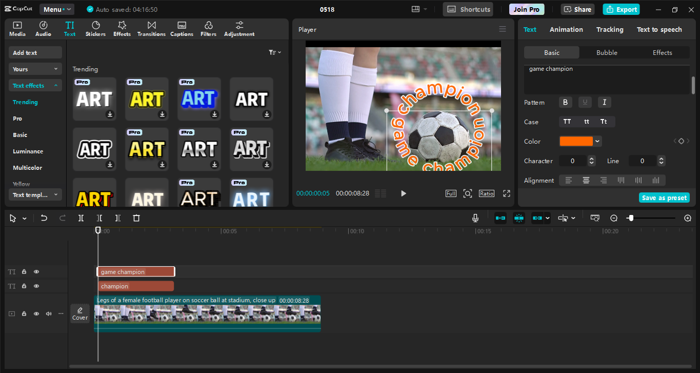 Editing interface of the CapCut desktop video editor - the best tool to wrap text neatly around any shape
