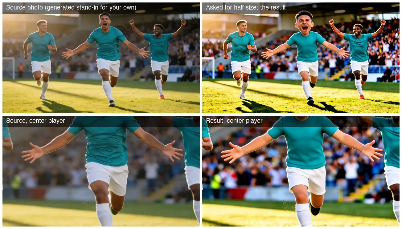Four-panel comparison of soccer players running, with the center player enlarged in the result.