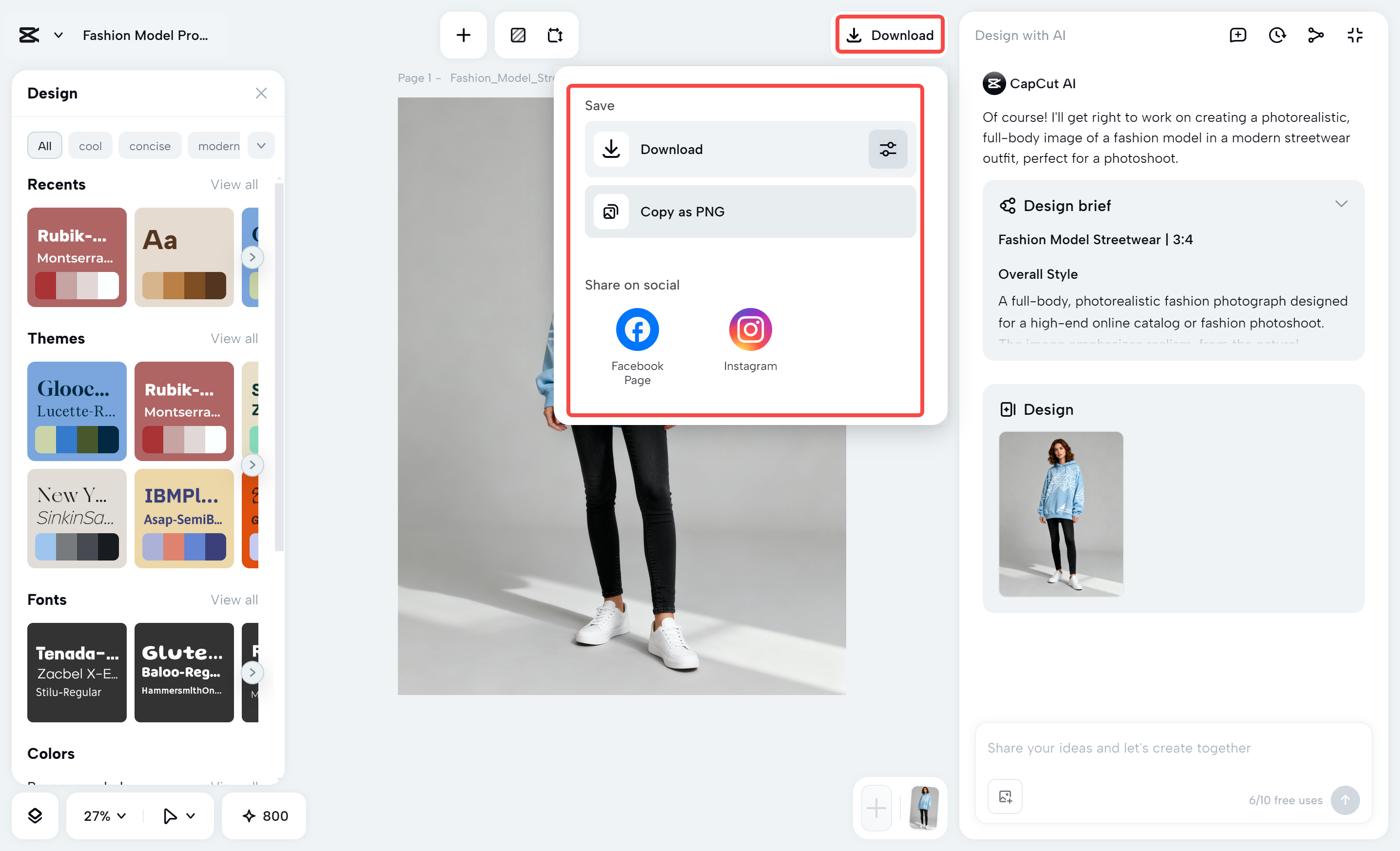 Downloading the fashion model image from the CapCut desktop video editor