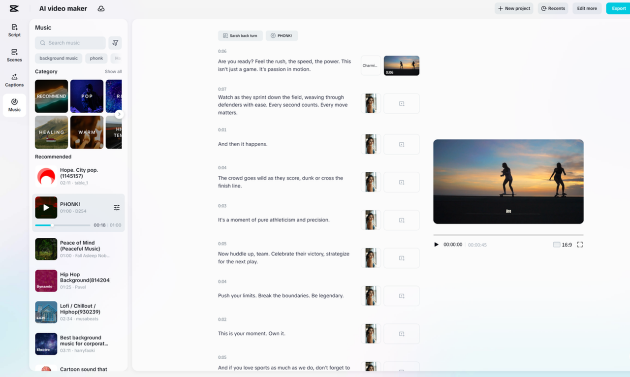 Interface of CapCut online video editor featuring its AI video maker tool