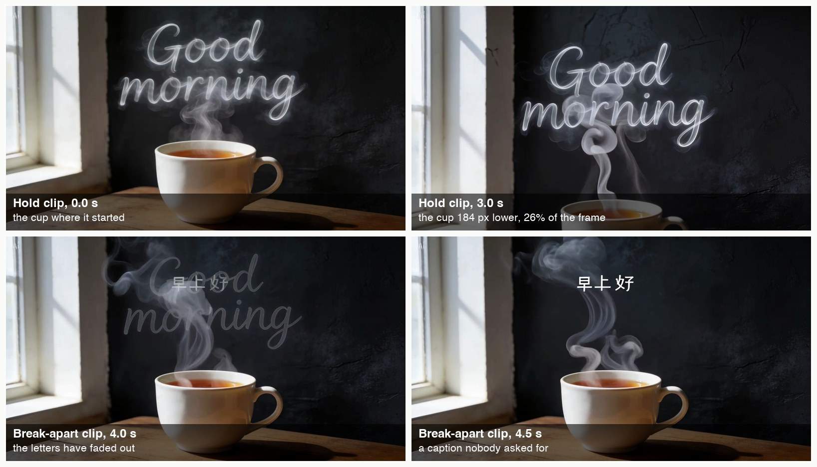 Four frames: a cup under steam lettering at the start and three seconds later near the bottom edge; below, the steam with the letters gone, then the same shot with a small Chinese caption above the steam.