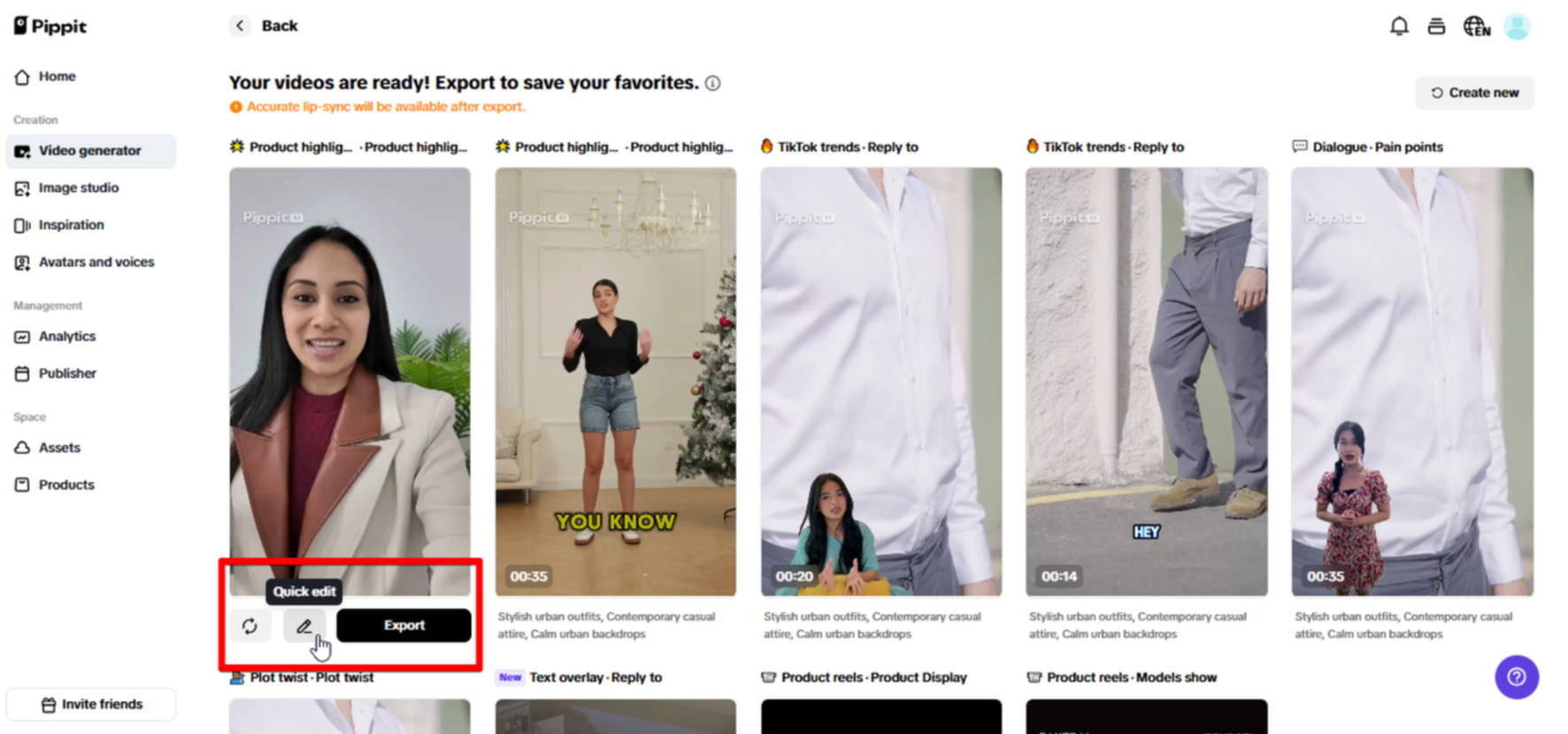 Exportando vídeo do Pippit
