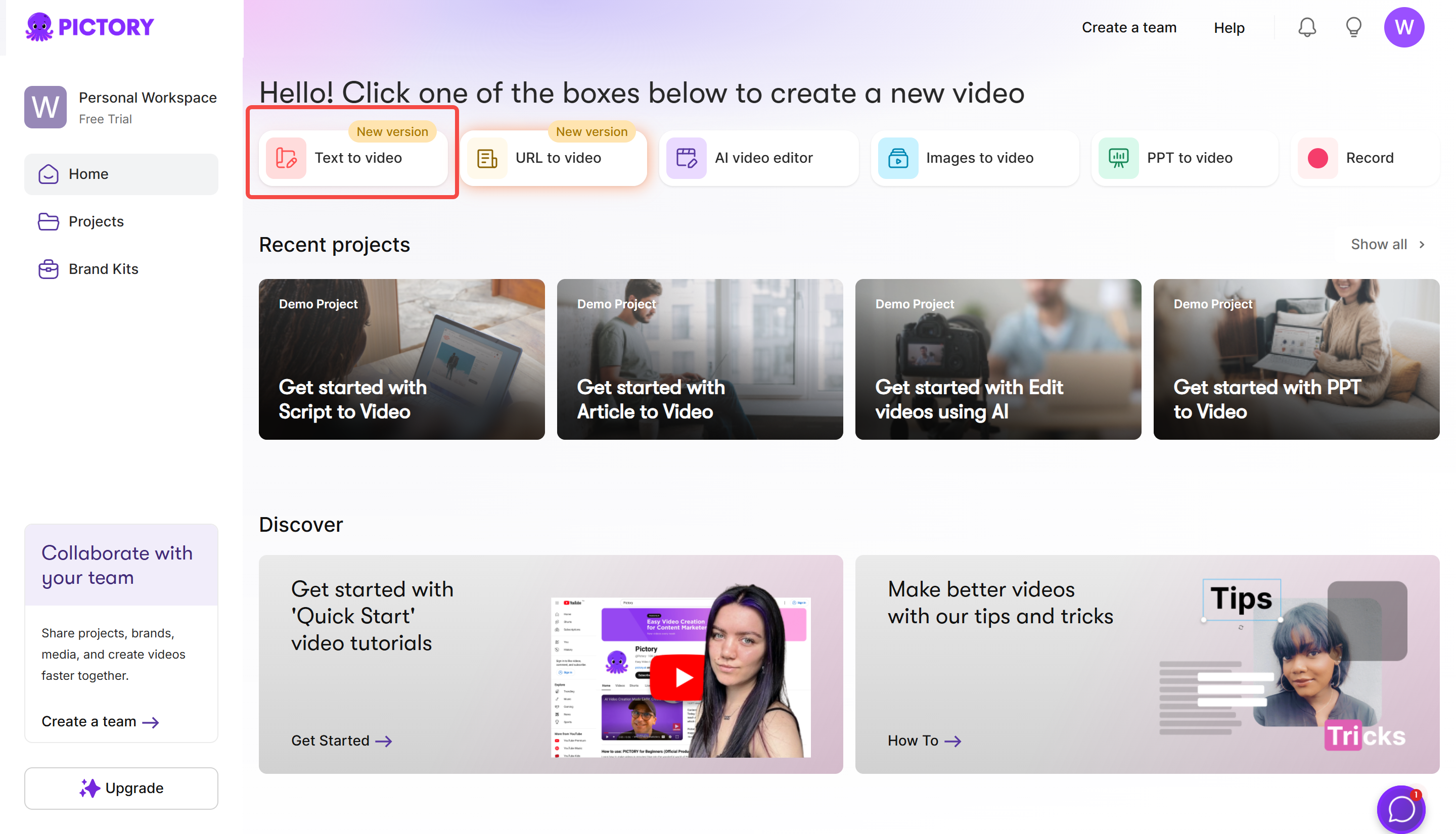 Accessing the text-to-video tool in Pictory