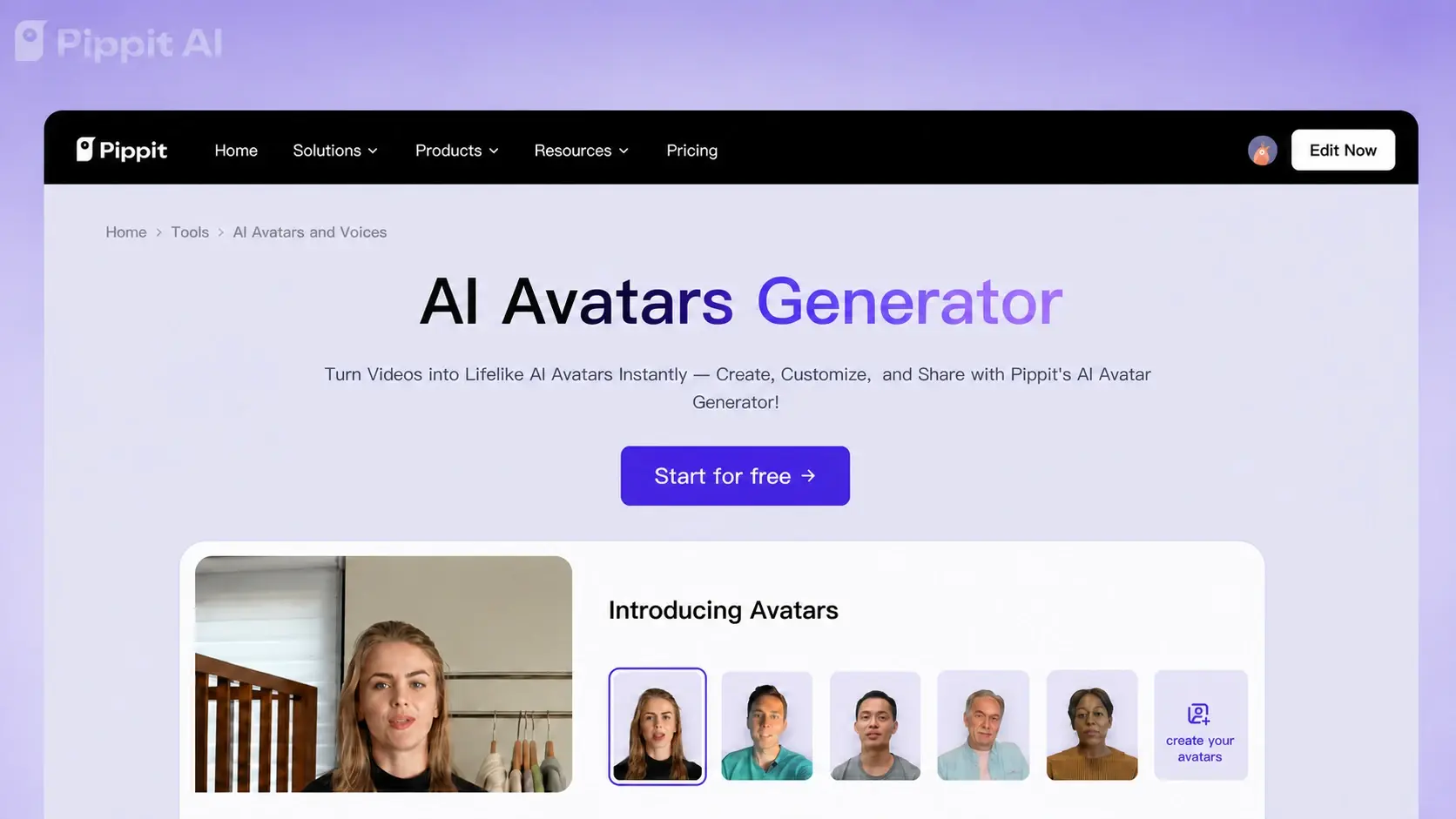Pippit AI webpage showing an AI Avatars Generator with avatar preview thumbnails and a Start for free button.