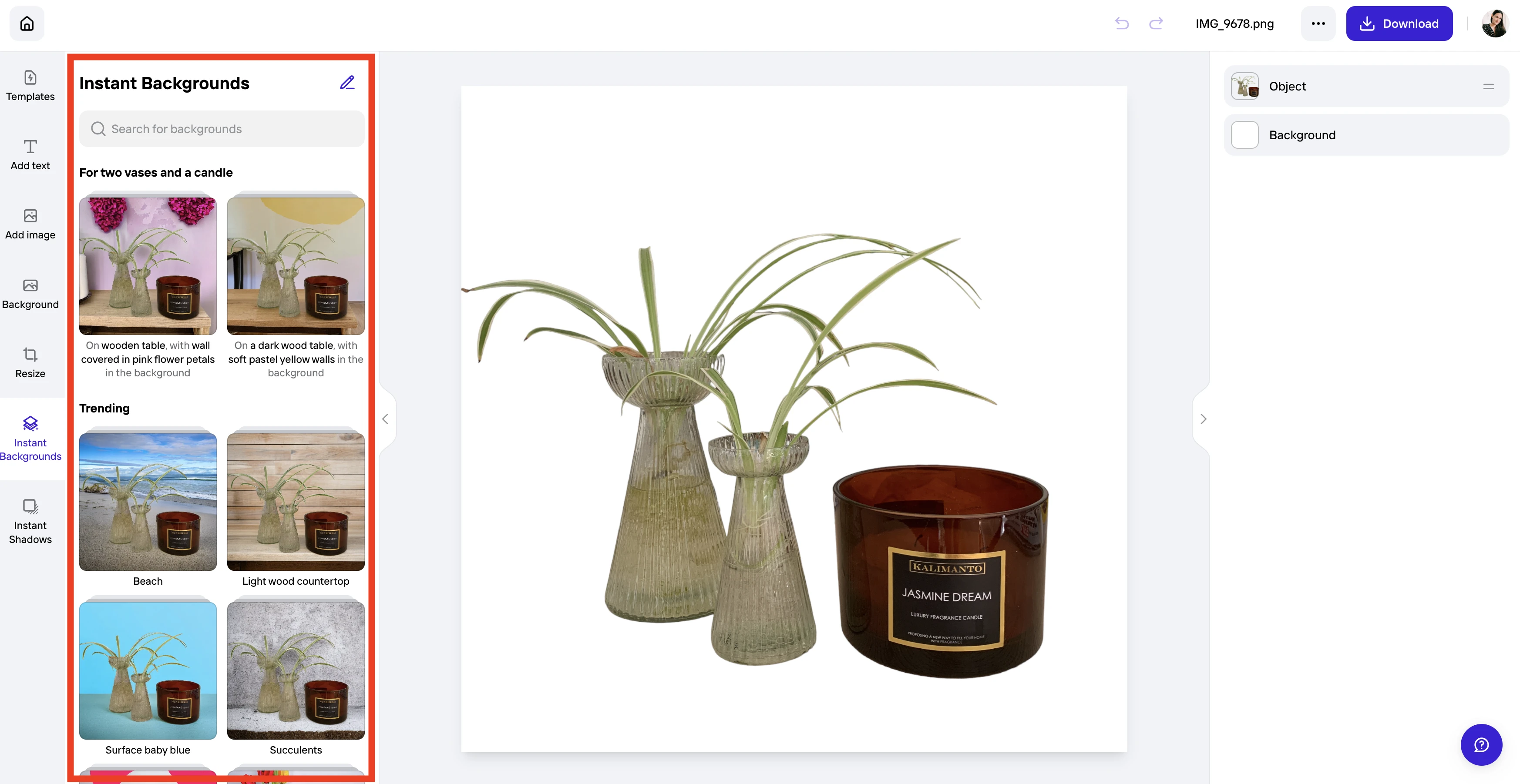 Interface de Photoroom - um editor de fotos de produto fácil de usar IA