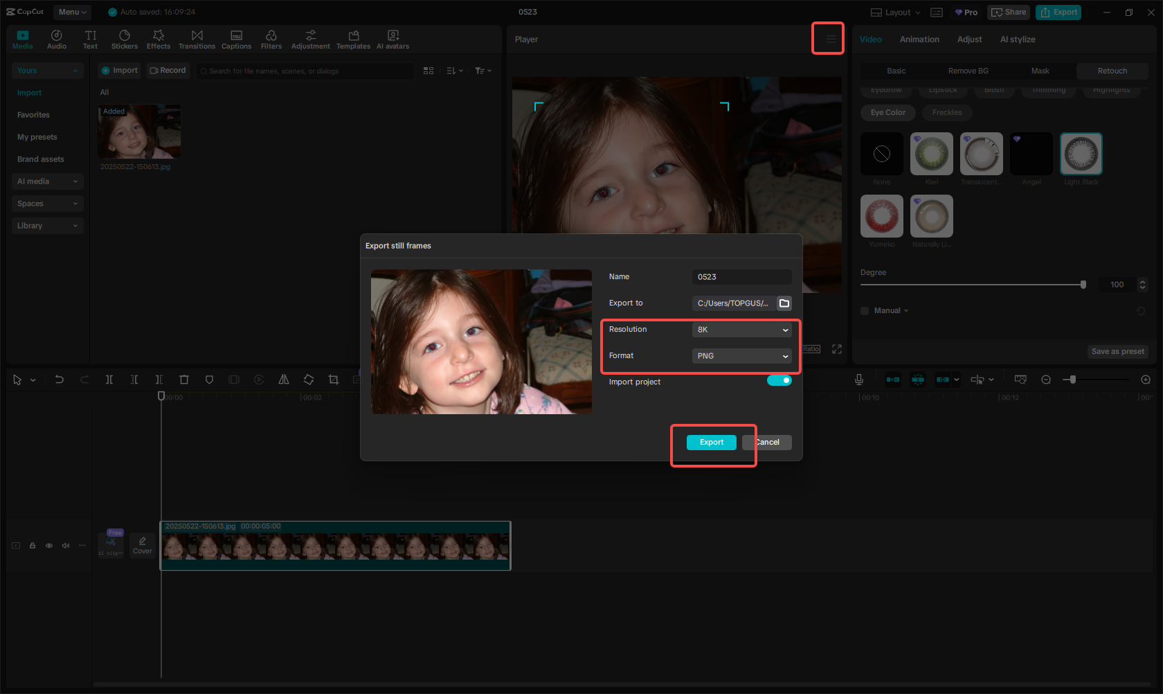 Exporting the image in CapCut