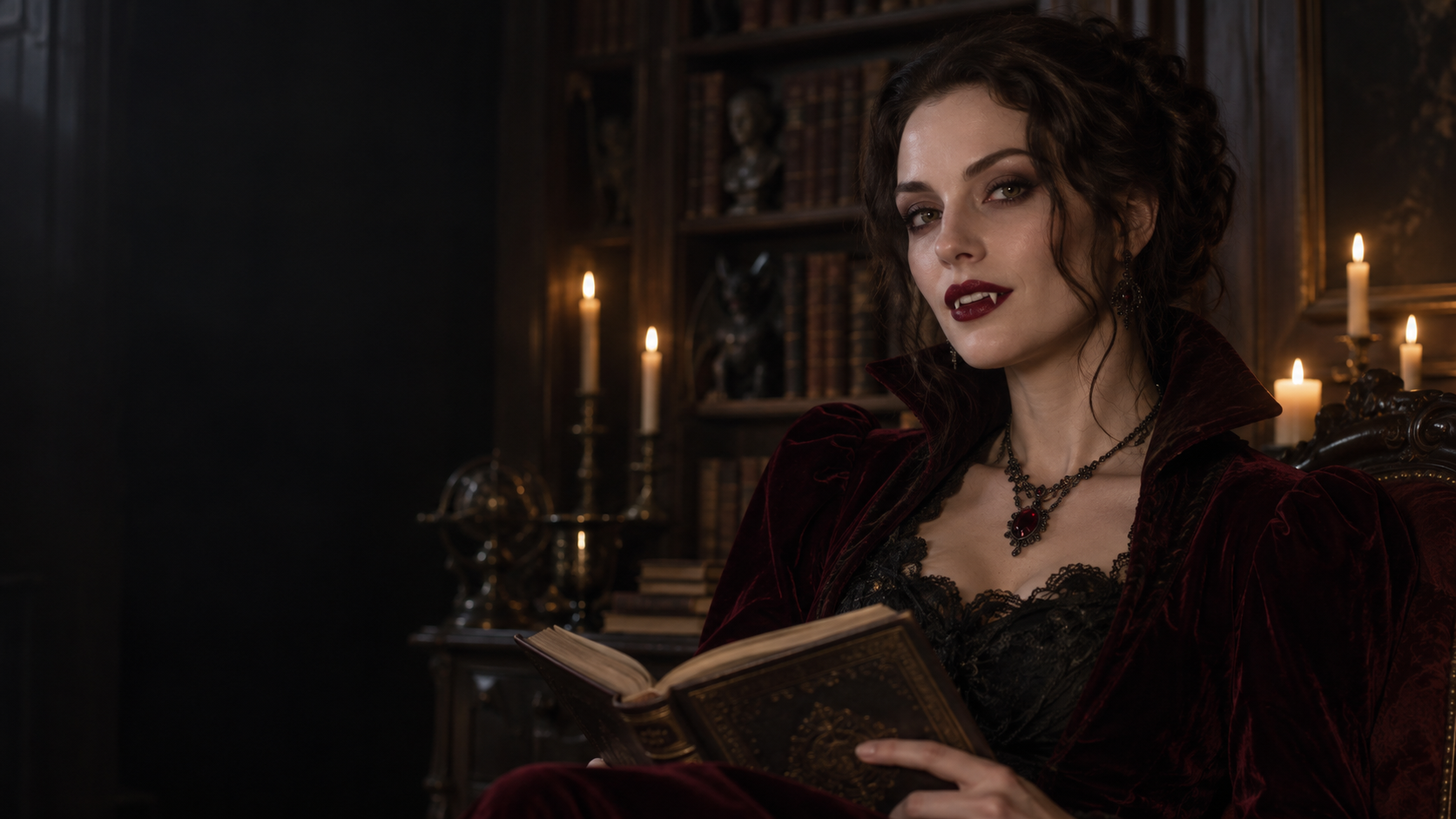 Classic Candlelit Vampire: A fictional adult woman with small visible vampire fangs, burgundy lipstick, pale natural complexion and velvet clothing in a candlelit gothic library.