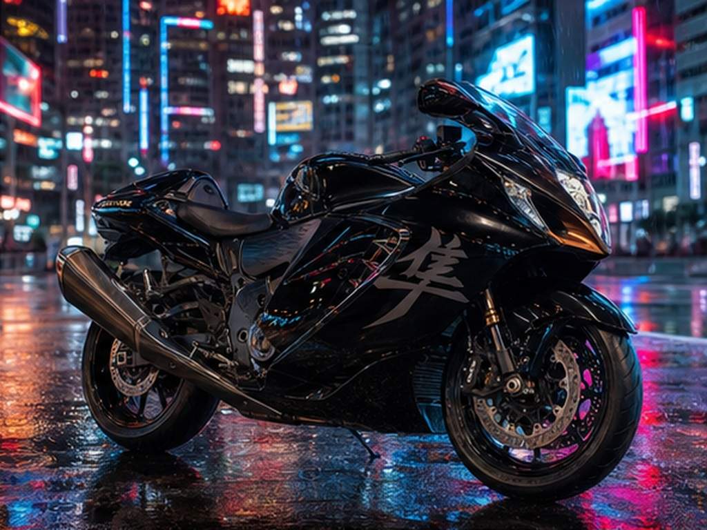 Suzuki Hayabusa AI Prompt Prompt Beispiel 3 - Neon Regen Stadt