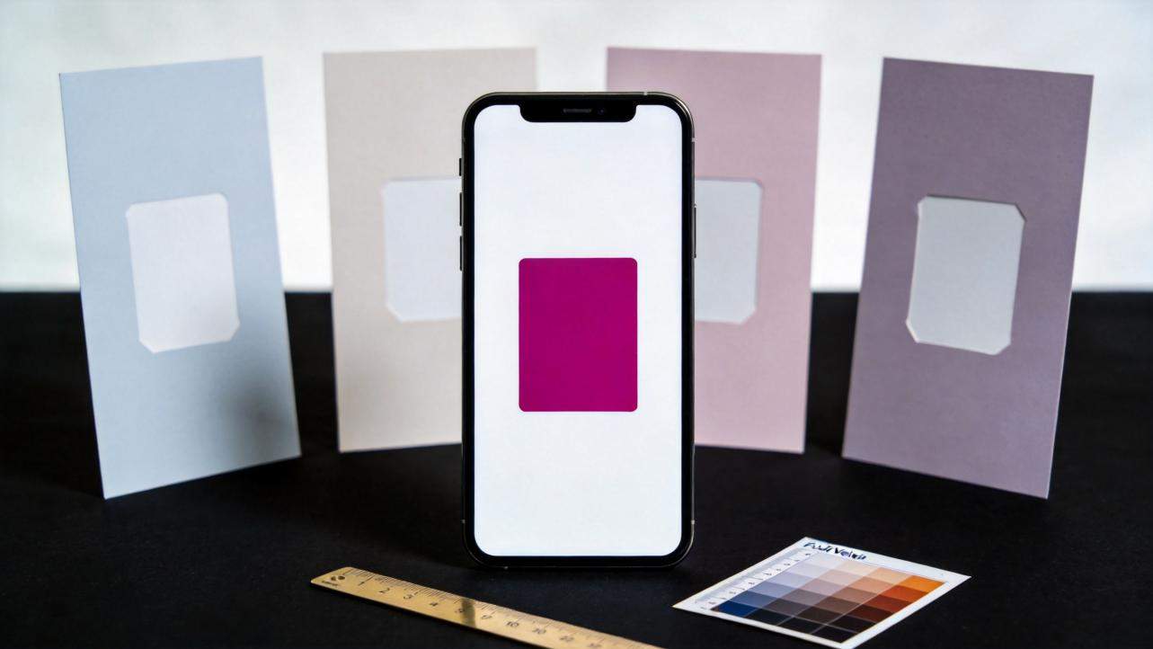 Smartphone centered in front of pastel color swatches, showing a magenta rectangle on screen