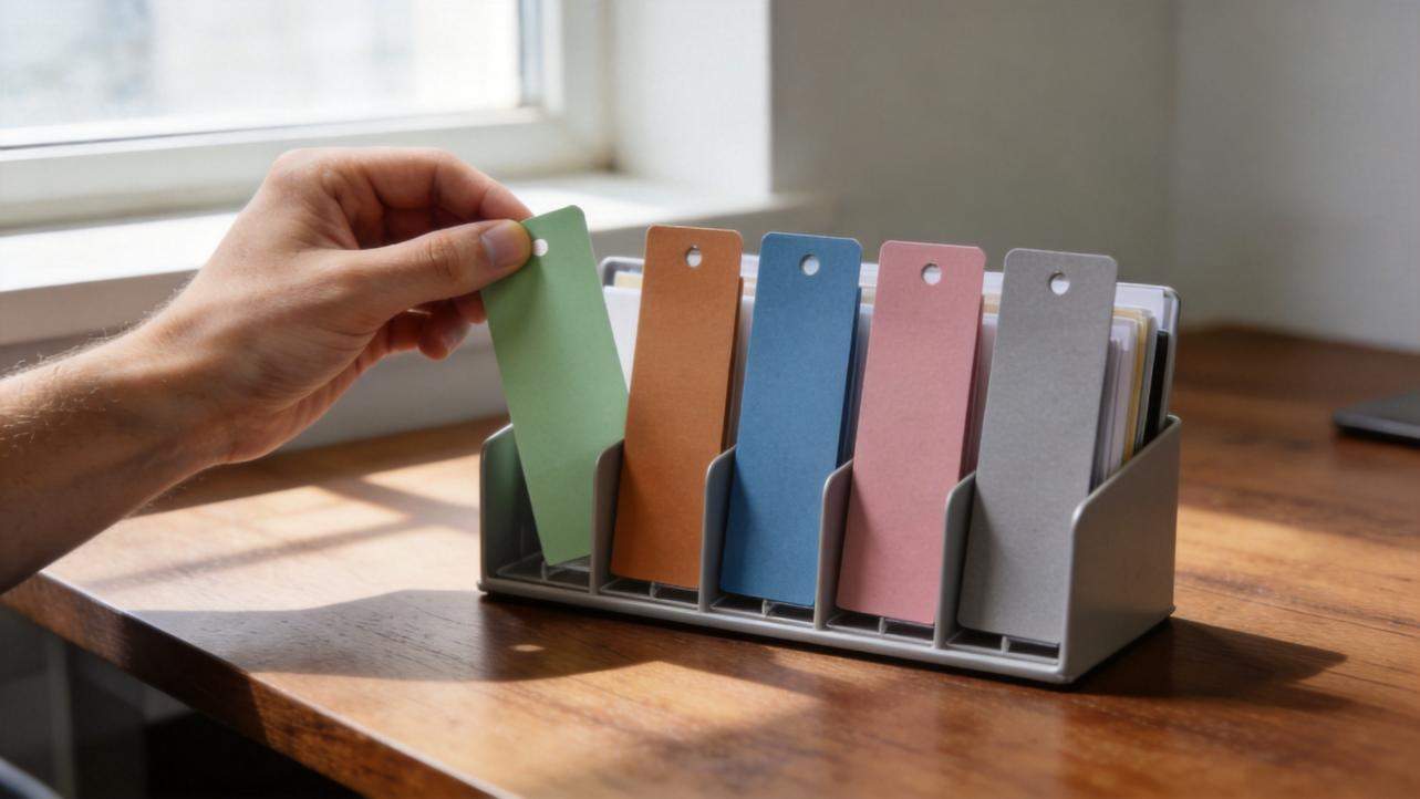 Hand pulling a green index card from a desktop file organizer