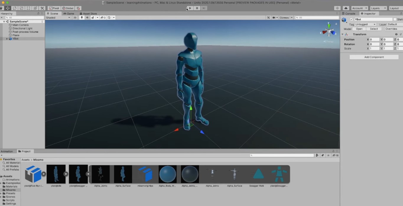 Importação de um modelo 3D para o software Unity para animação.