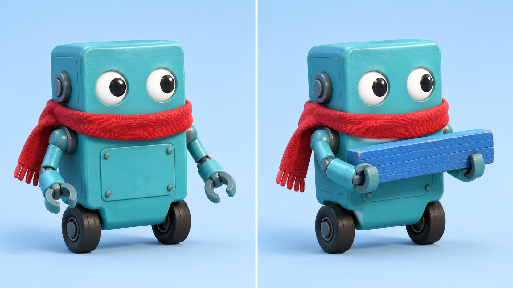Illustrated comparison of the same turquoise robot with empty hands and holding a blue plank