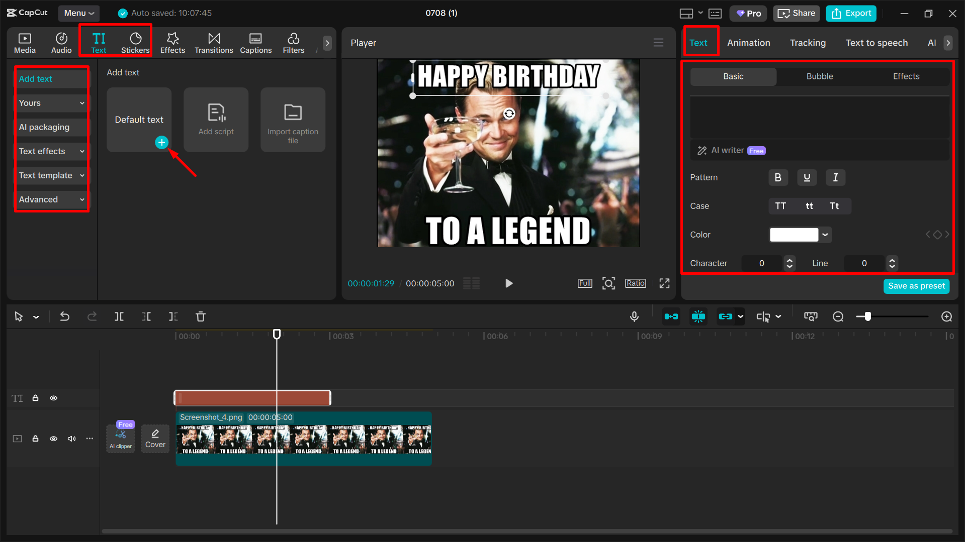 Editando el meme de feliz cumpleaños en el editor de video de escritorio de CapCut