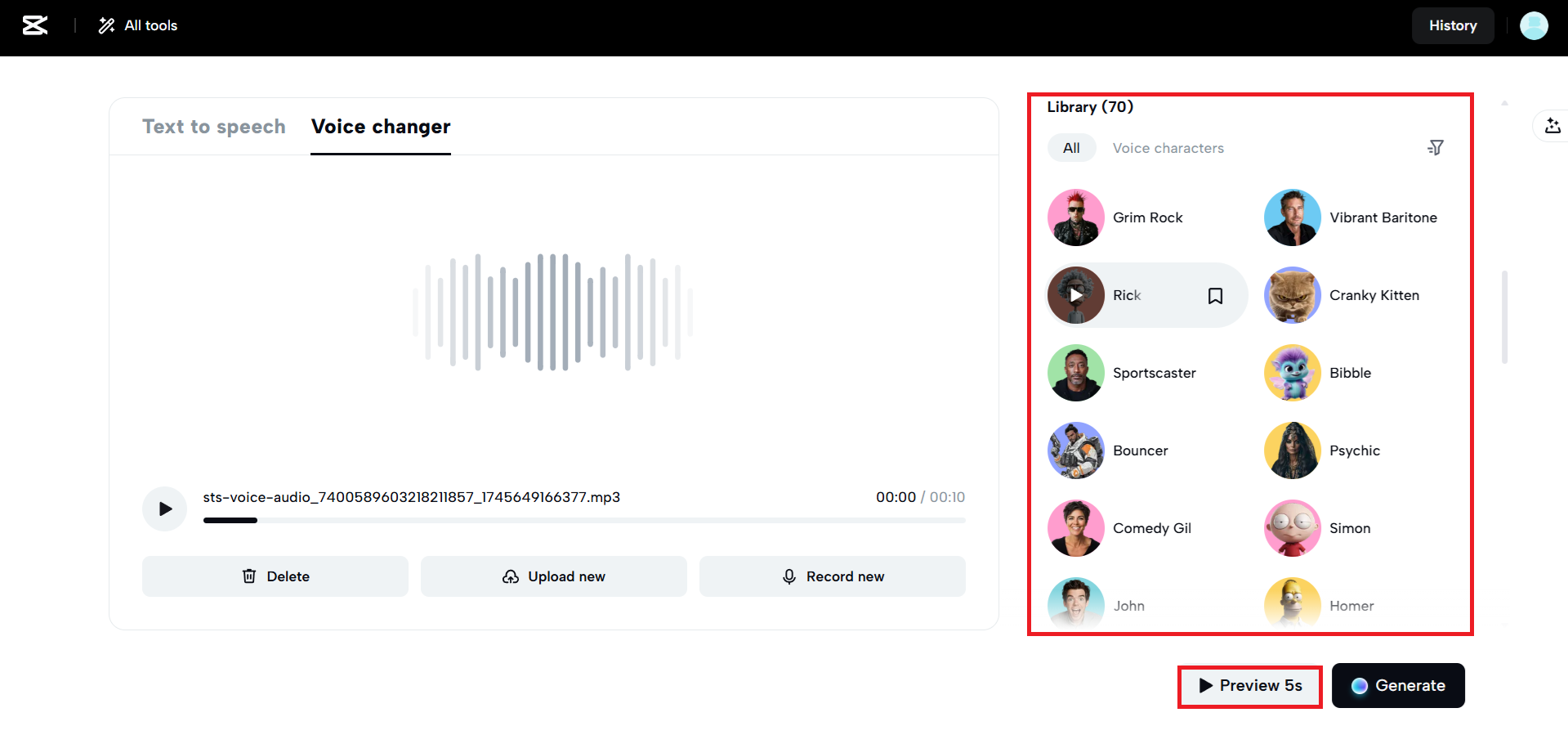 Aplica la voz impulsada por IA y vista previa.