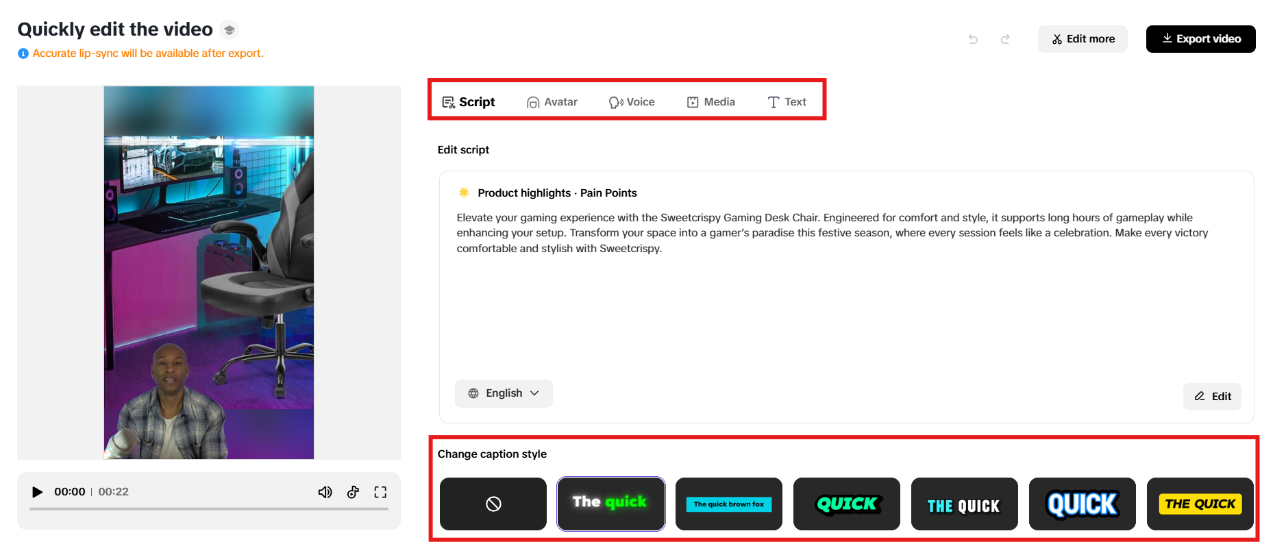 Modify script, avatar, voice, media and text
