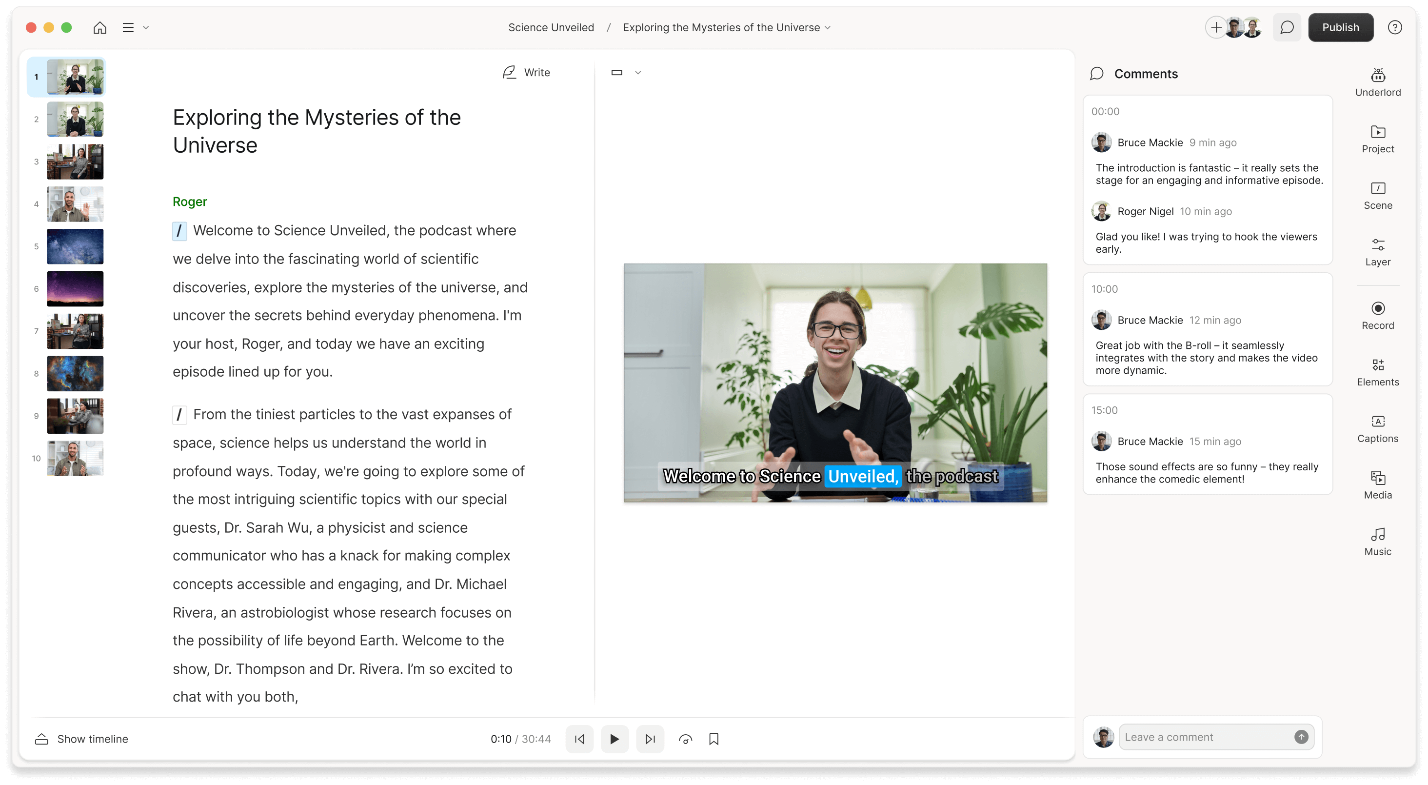 Interface of Descript - eine kostenlose Software zum Transkribieren von Video in Text