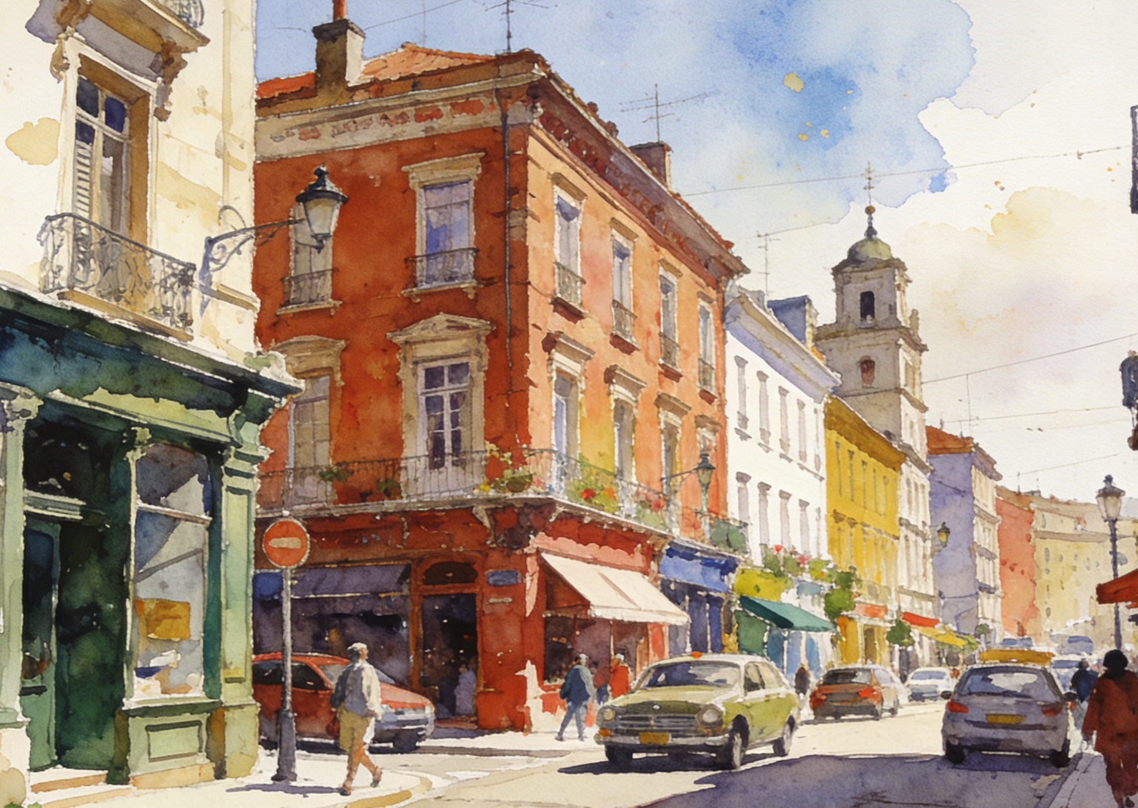 Convert the street photography image into a watercolor painting style