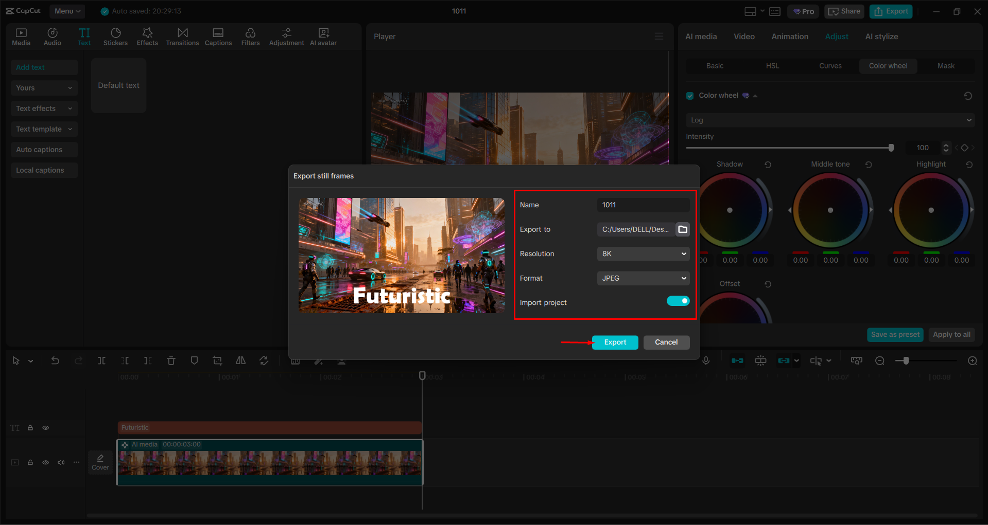 Downloading the image from the CapCut desktop video editor