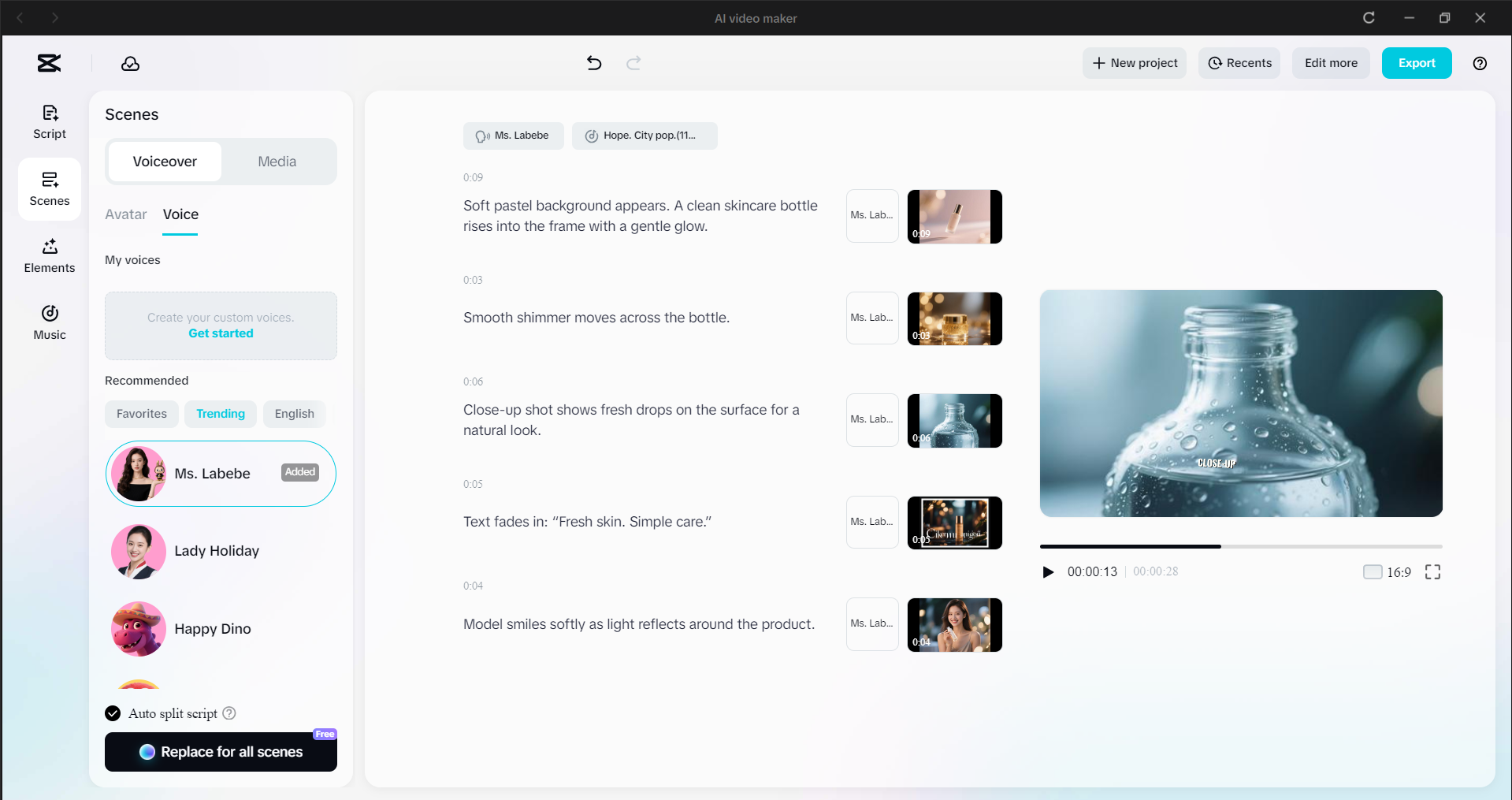 Interface of the CapCut desktop video editor - an easy to use voice over software