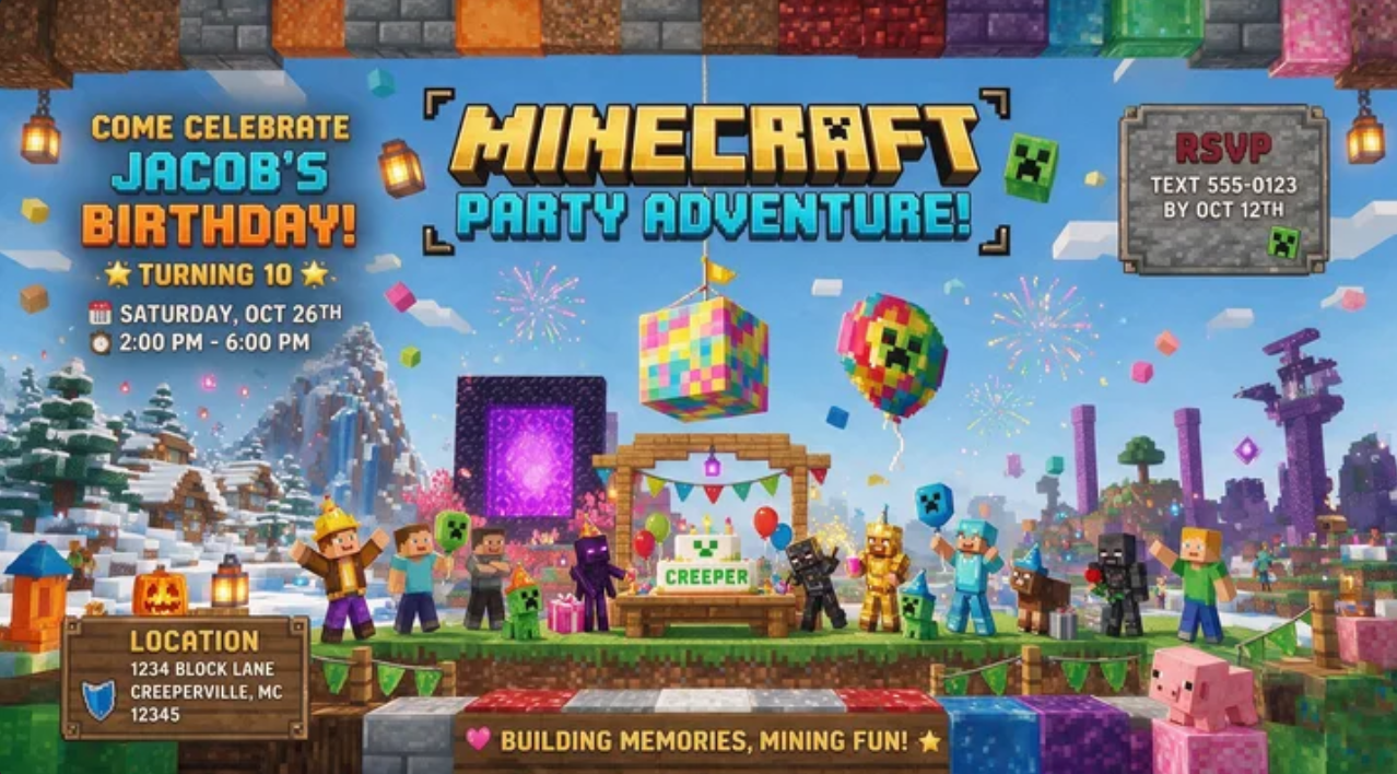Lời nhắc cho lời mời ăn mừng nhiều người chơi Minecraft