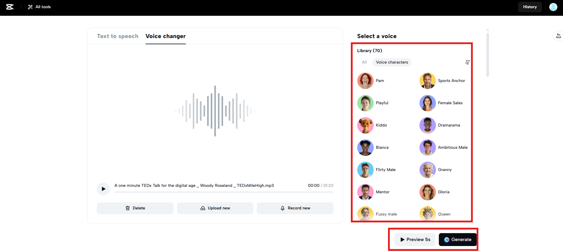 Aplikujte hlas, náhled a generujte