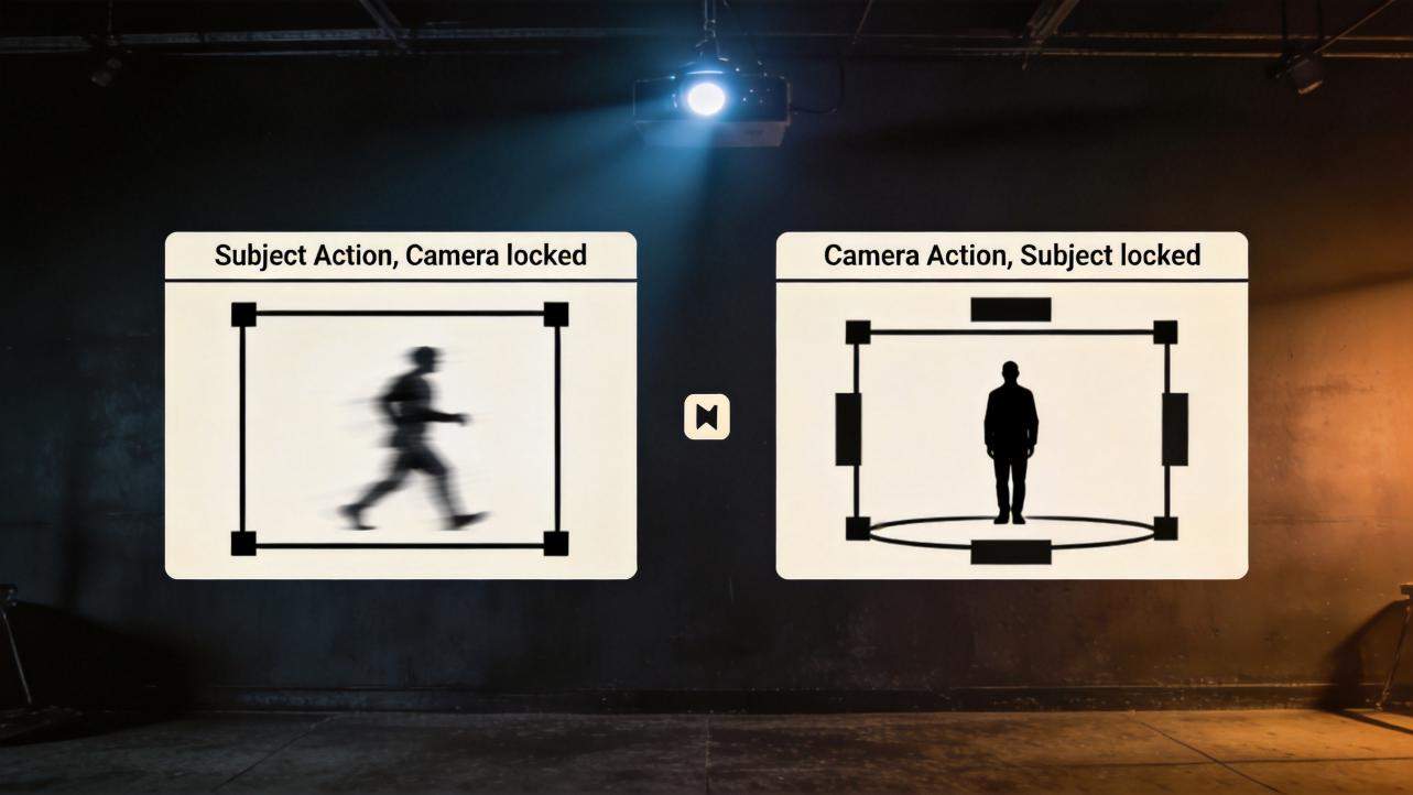 Two panels compare subject action with camera locked and camera action with subject locked.