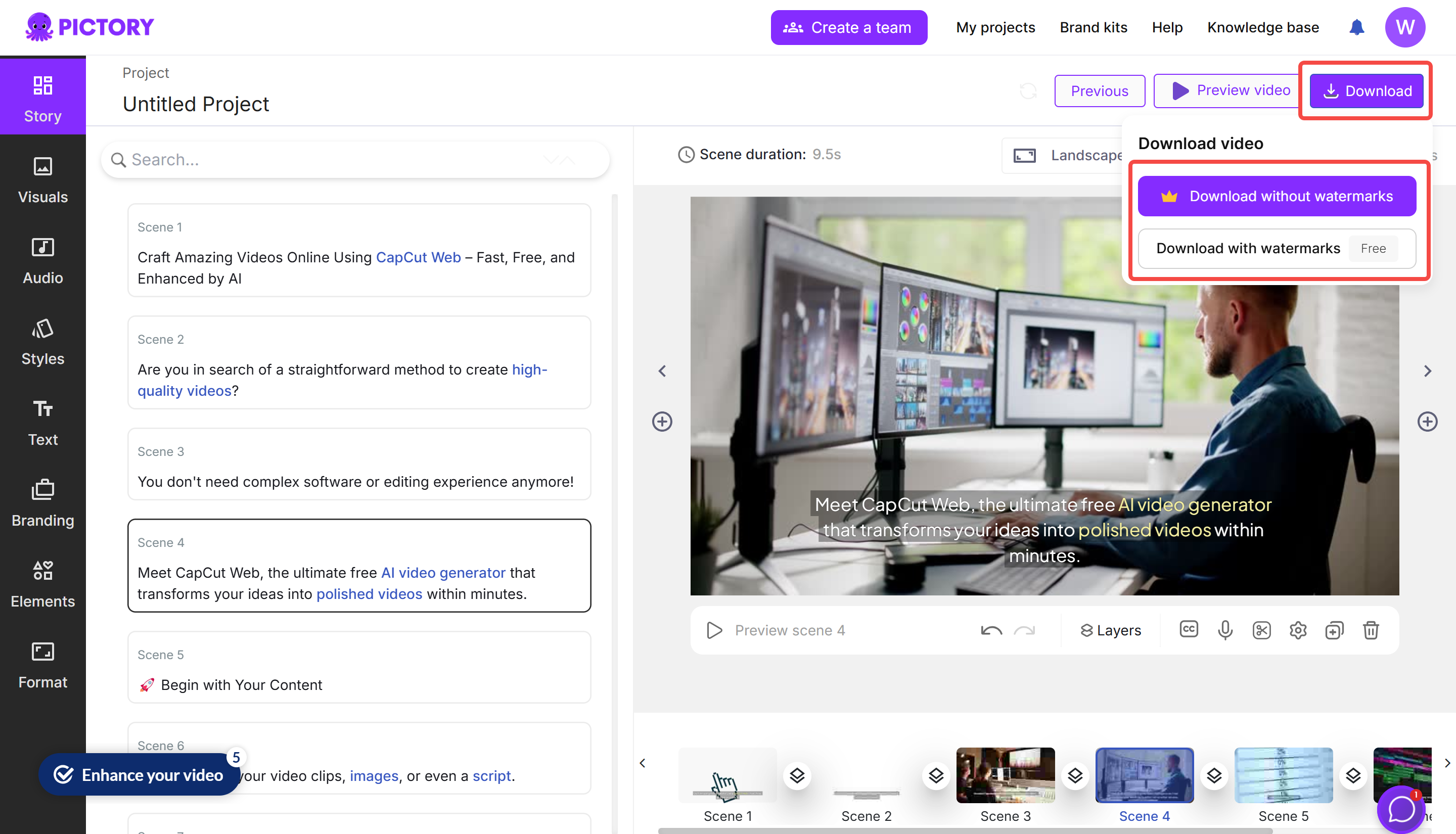 Downloading the final video from Pictory's text-to-video tool