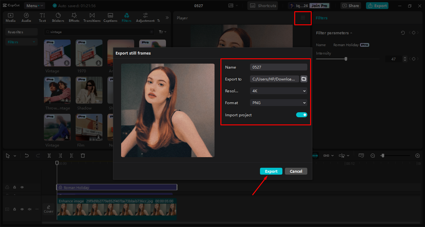 Exporting the final image from the CapCut desktop video editor