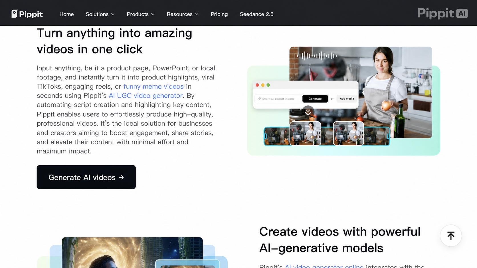 Pippit AI landing page with headline, generate button, and video mockup of a woman in a kitchen