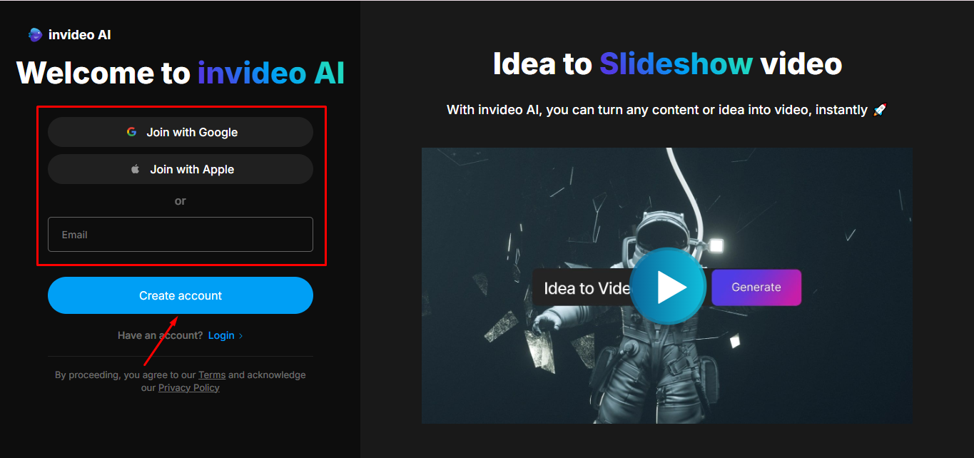 Signing up on InVideo AI