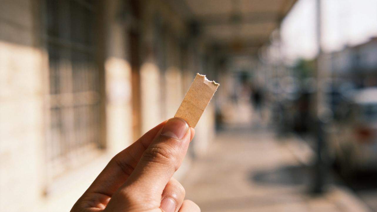 Hand holding a torn flyer tab against a blurred sidewalk background