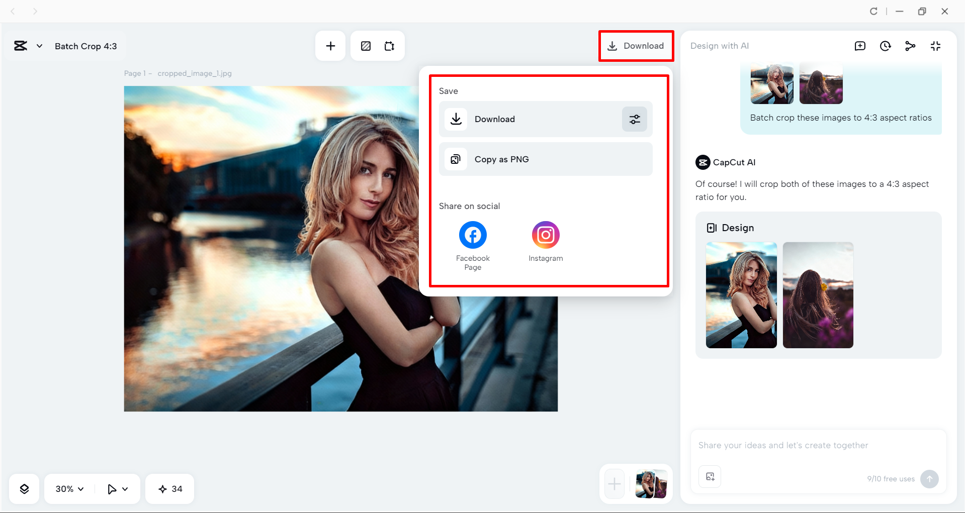 Downloading the image from the CapCut desktop video editor