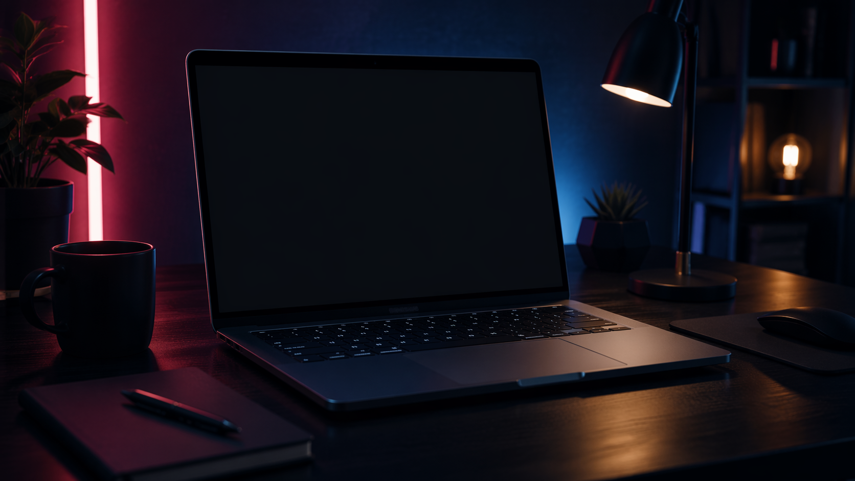 Dreamina MacBook Mockup Prompt Beispiel 4: Dunkler Modus Laptop-Szene