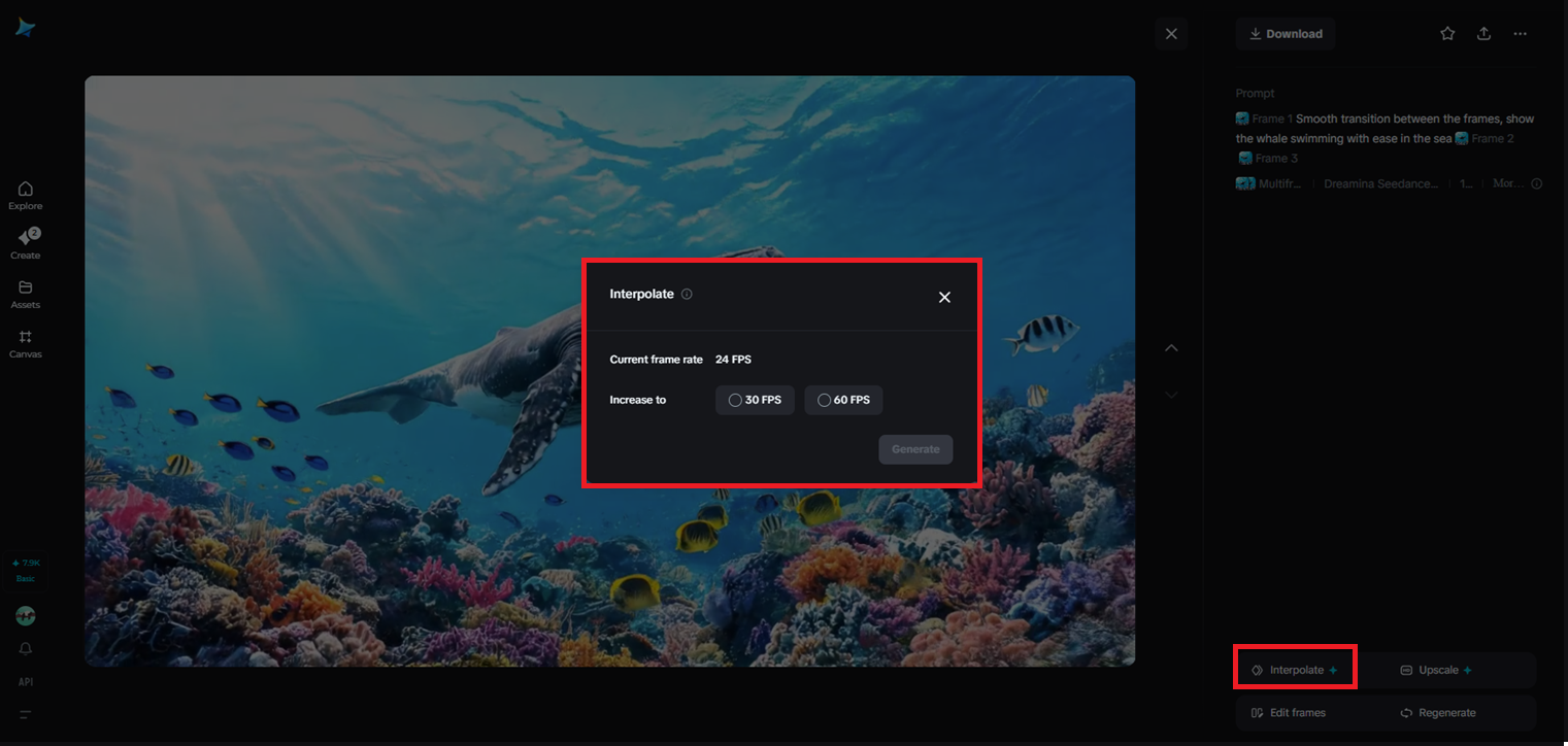 Interpolation feature in Dreamina
