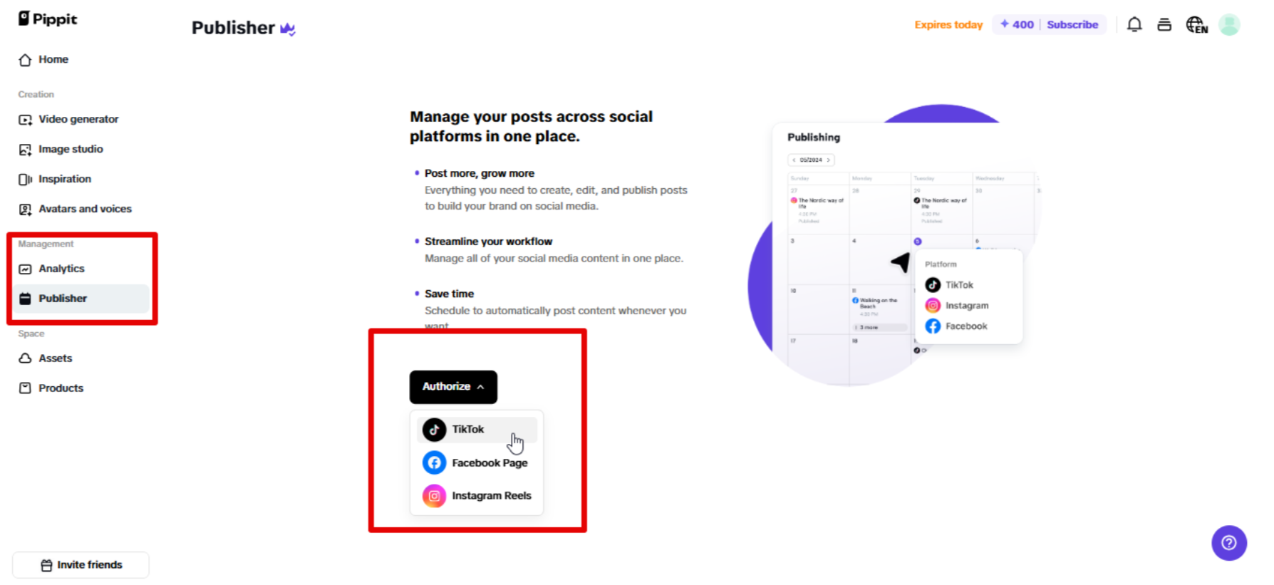 Social media calendar in Pippit