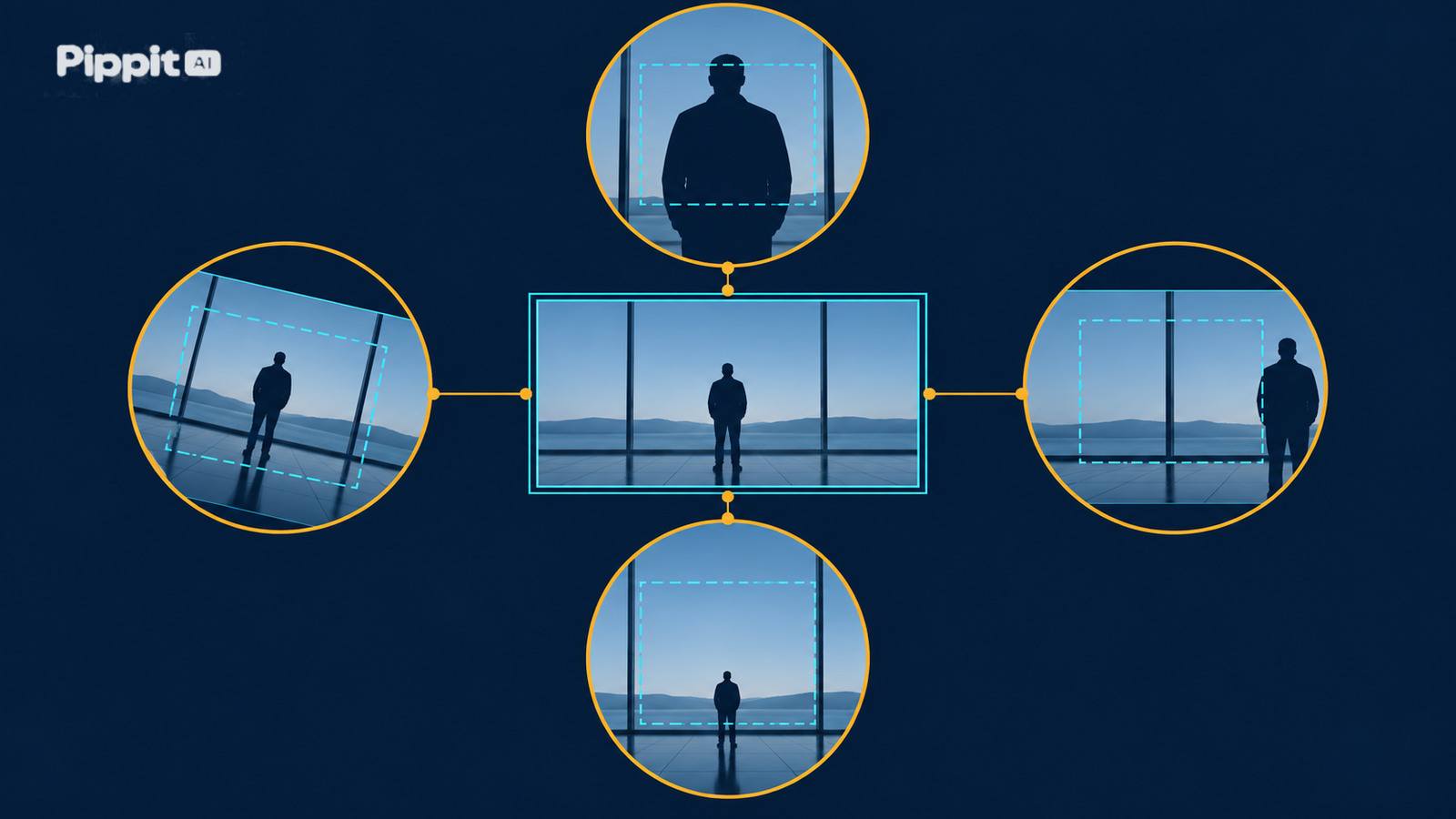 A central locked frame is surrounded by four abstract displaced views showing scale growth, sideways shift, vertical tilt, and rotation.