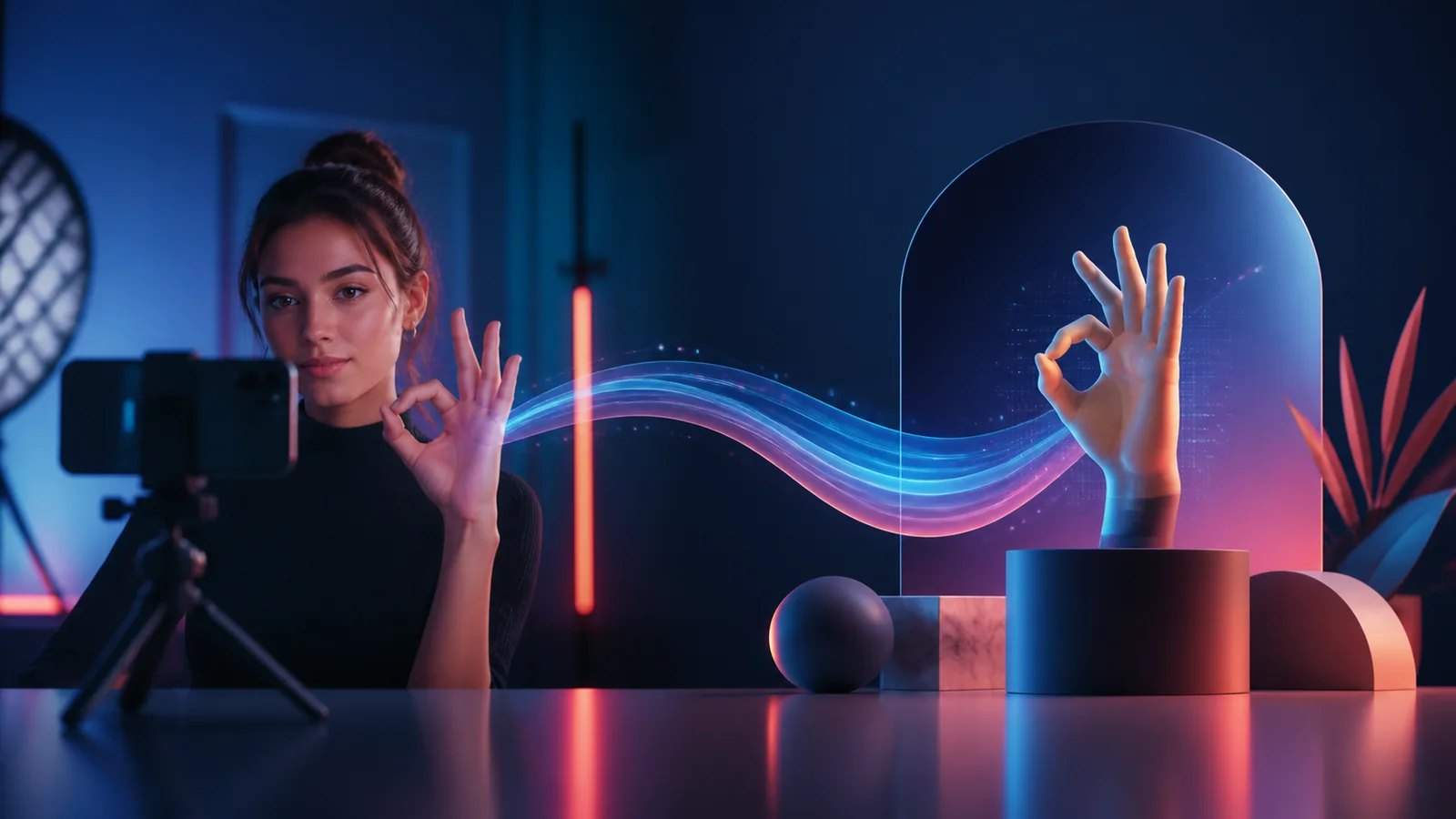 Woman filming herself on a phone tripod beside an AI-style hand graphic and neon wave