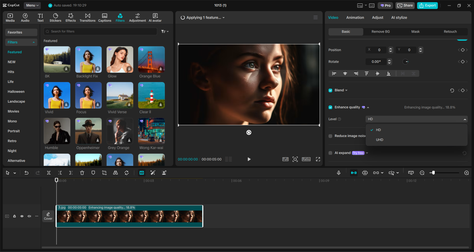 Interface of the CapCut desktop video editor - a more efficient AI photo enhancer