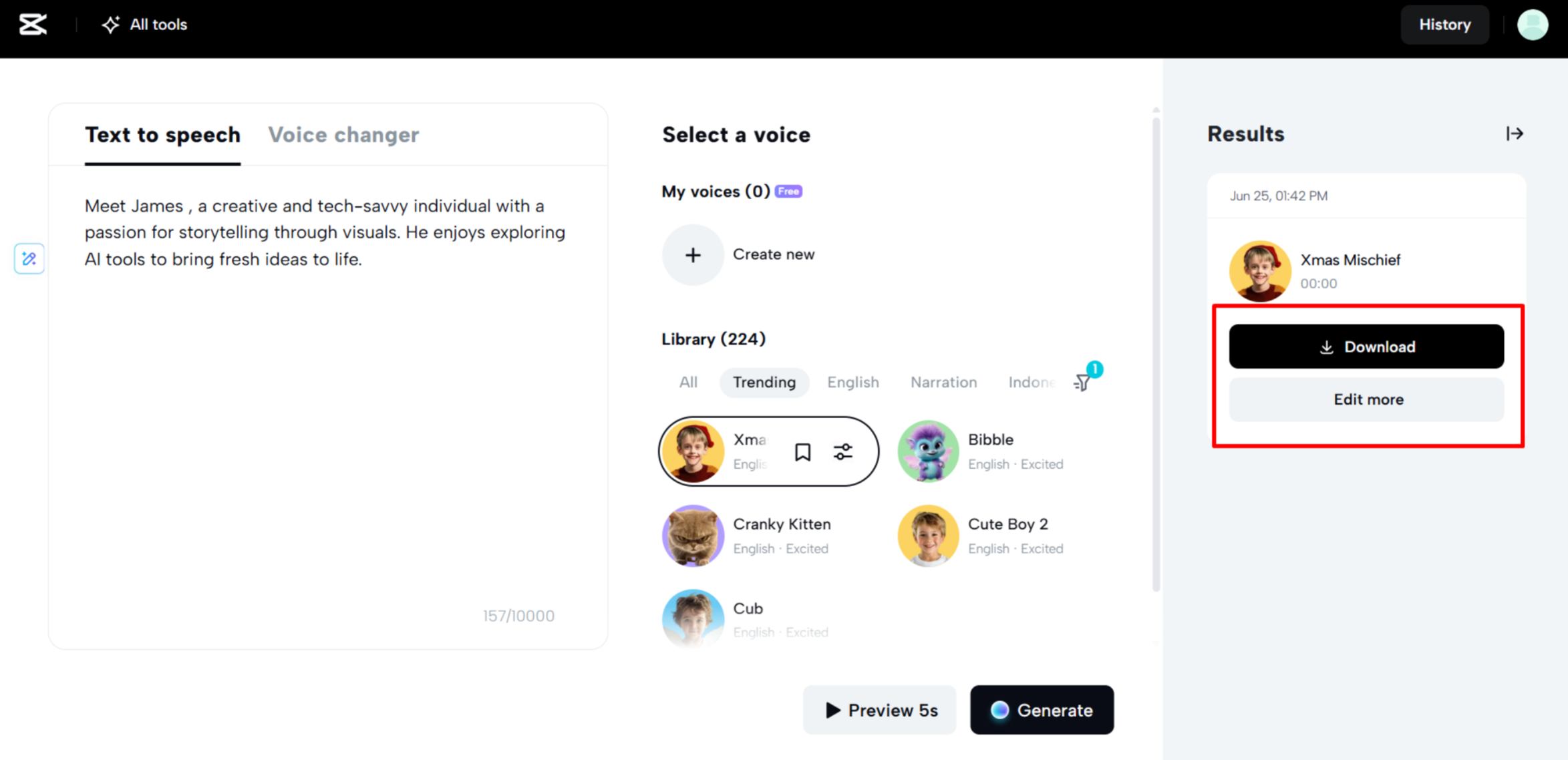 Downloading the audio after applying text-to-speech in the CapCut Web