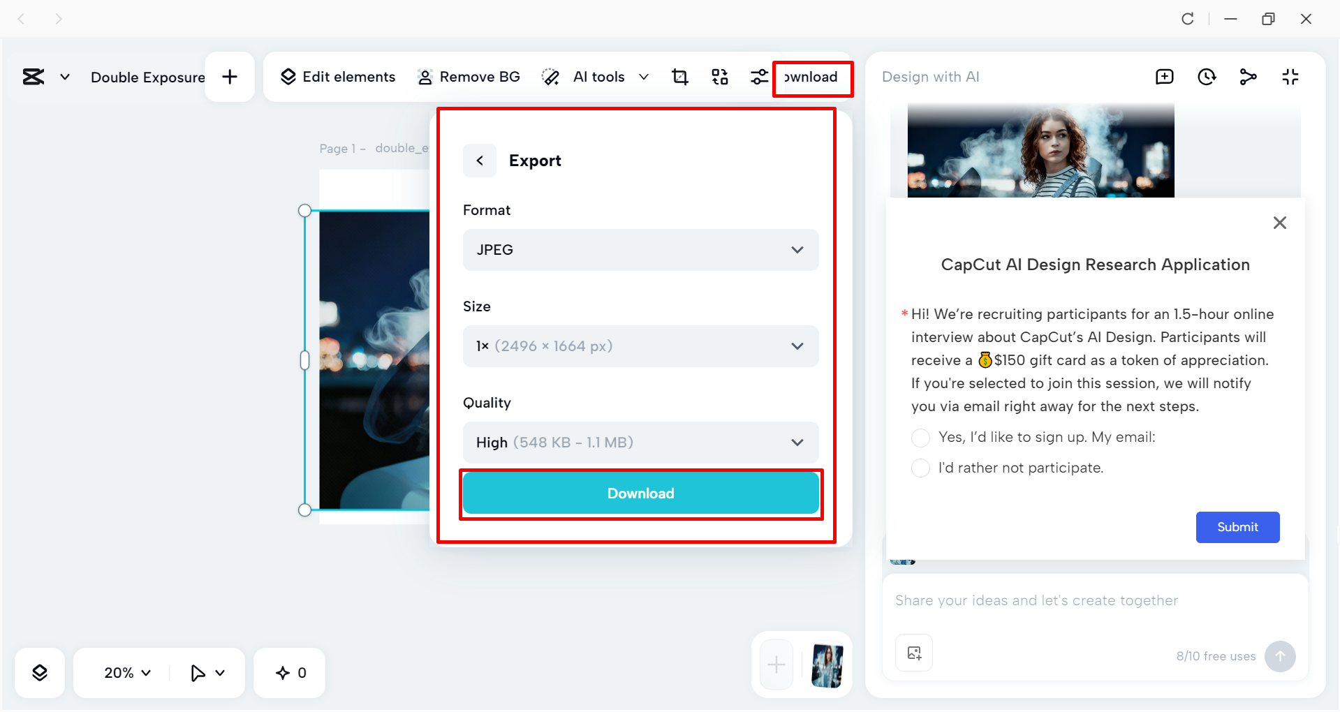 Downloading the image from the CapCut desktop video editor