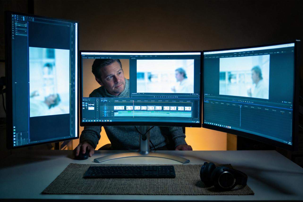 Editor working at three monitors showing video clips and a timeline
